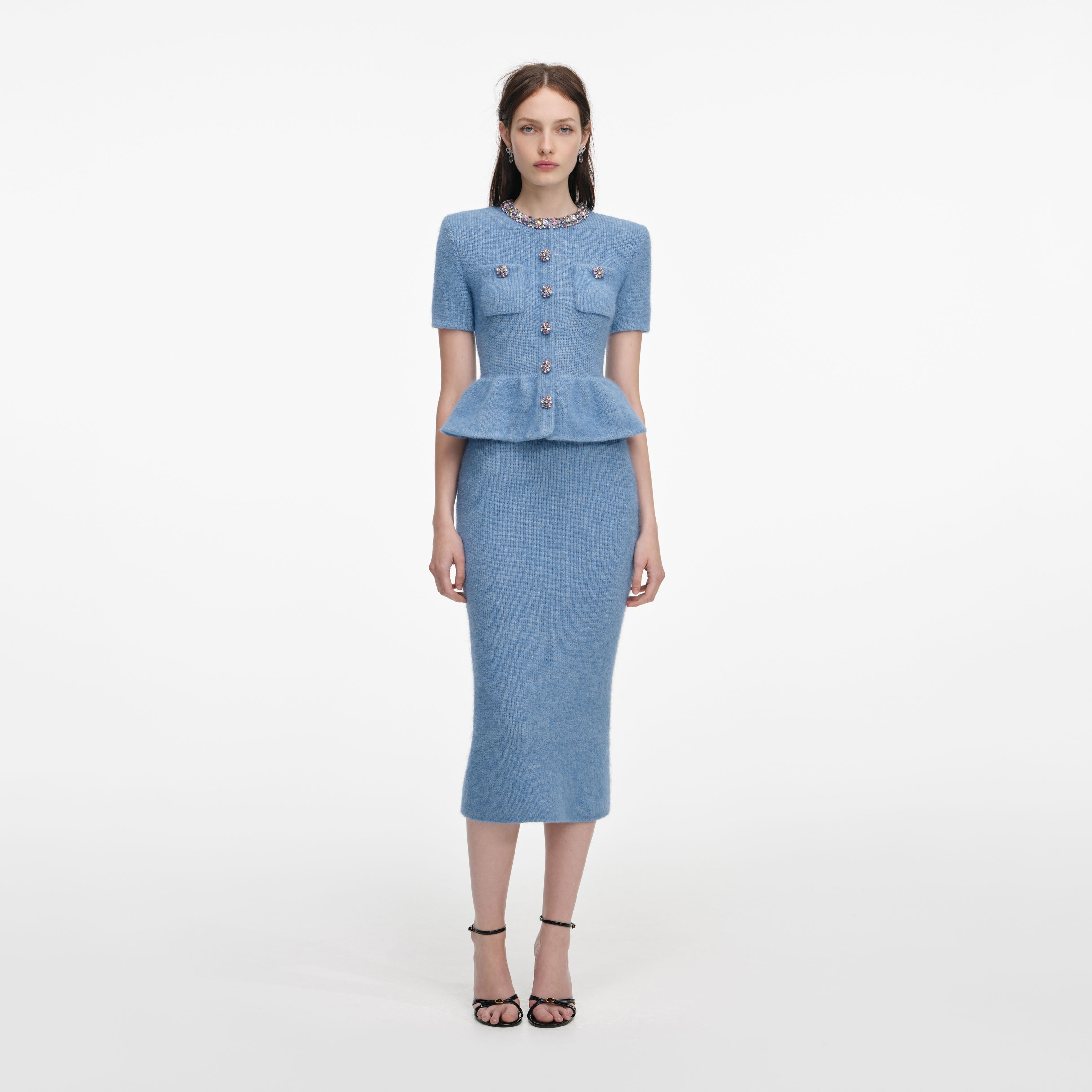 Blue Peplum Knit Midi Dress
