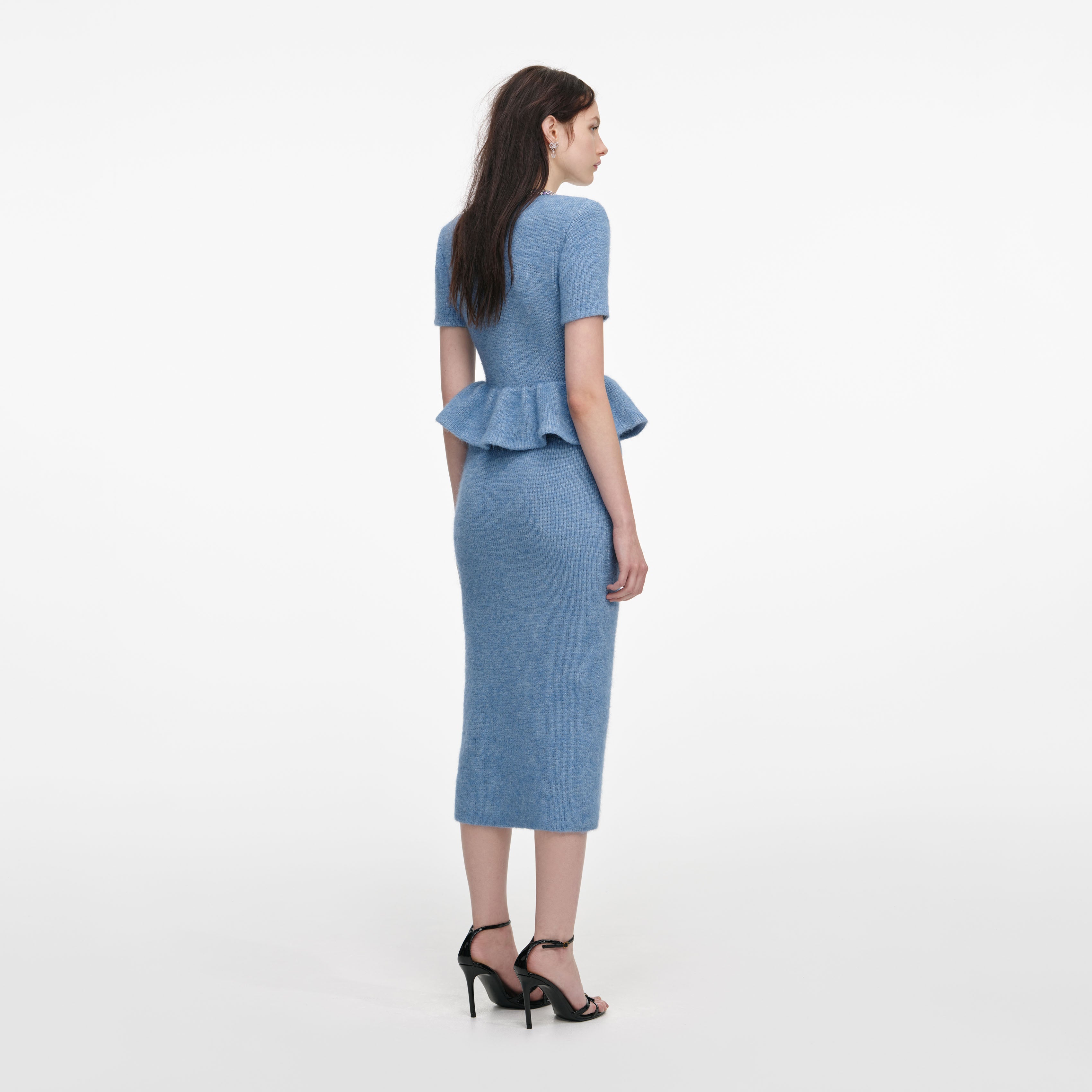 Blue Peplum Knit Midi Dress