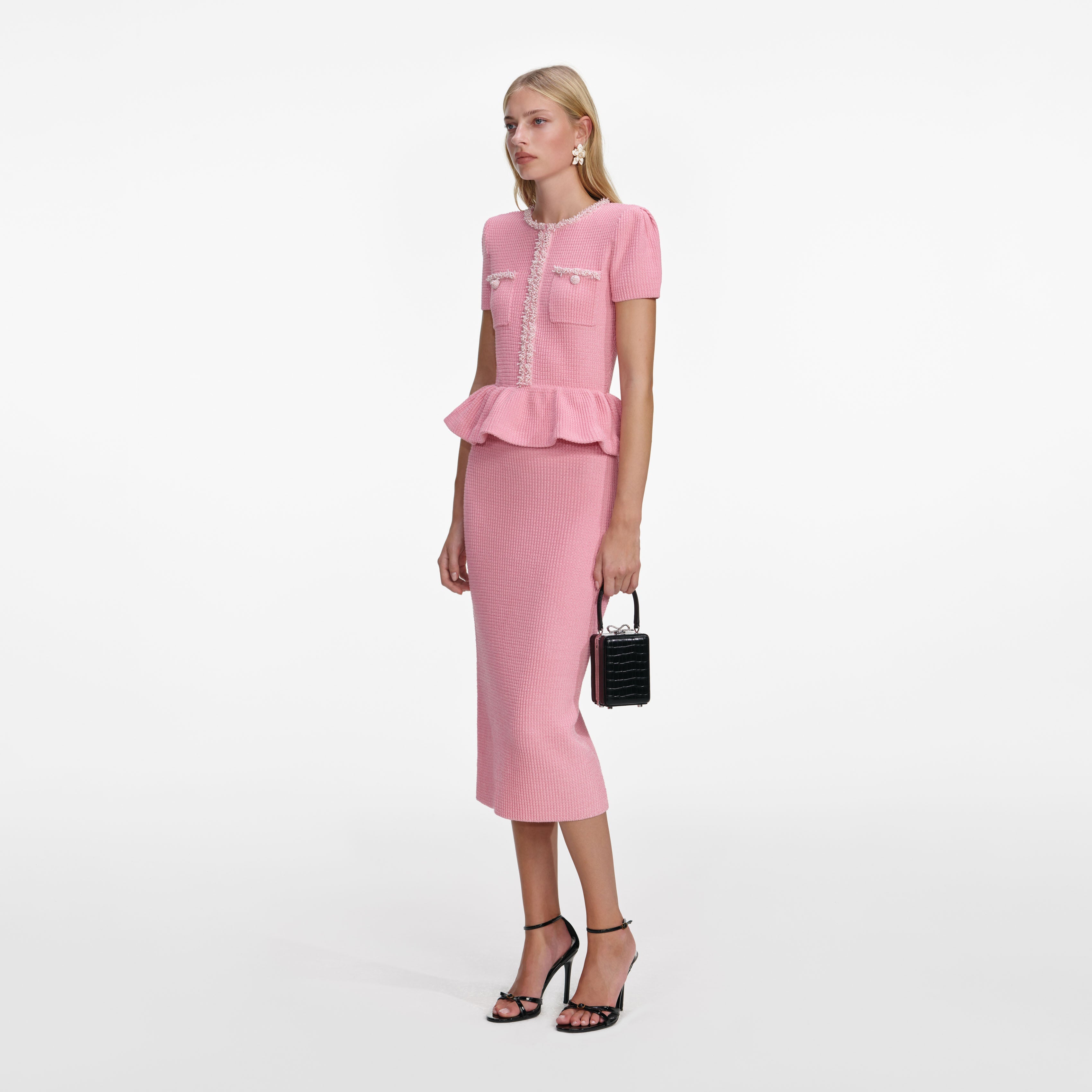 Pink Peplum Knit Midi Dress