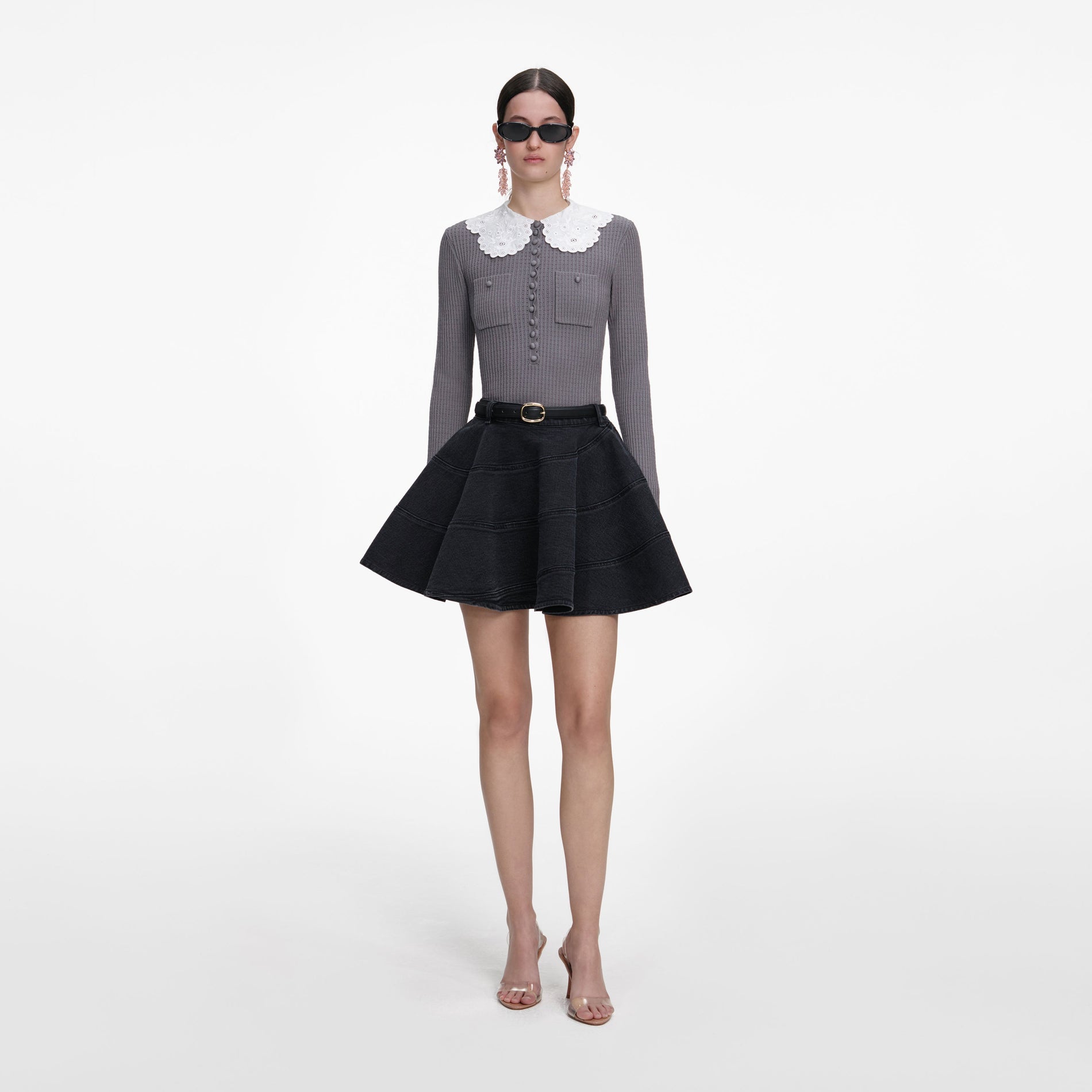 Front view of a woman wearing the Grey Lace Collar Knit Top