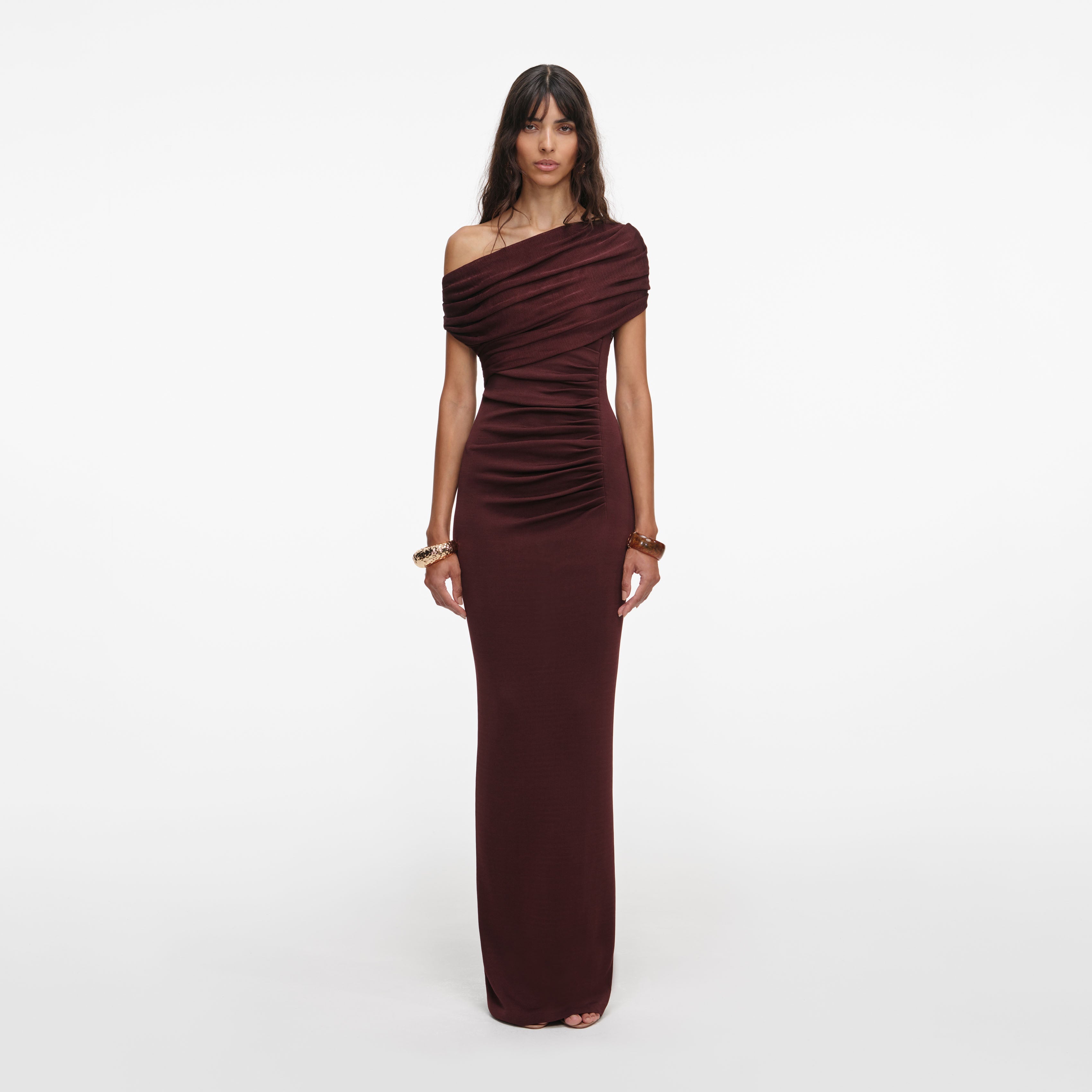 Brown Draped Knit Midi Dress
