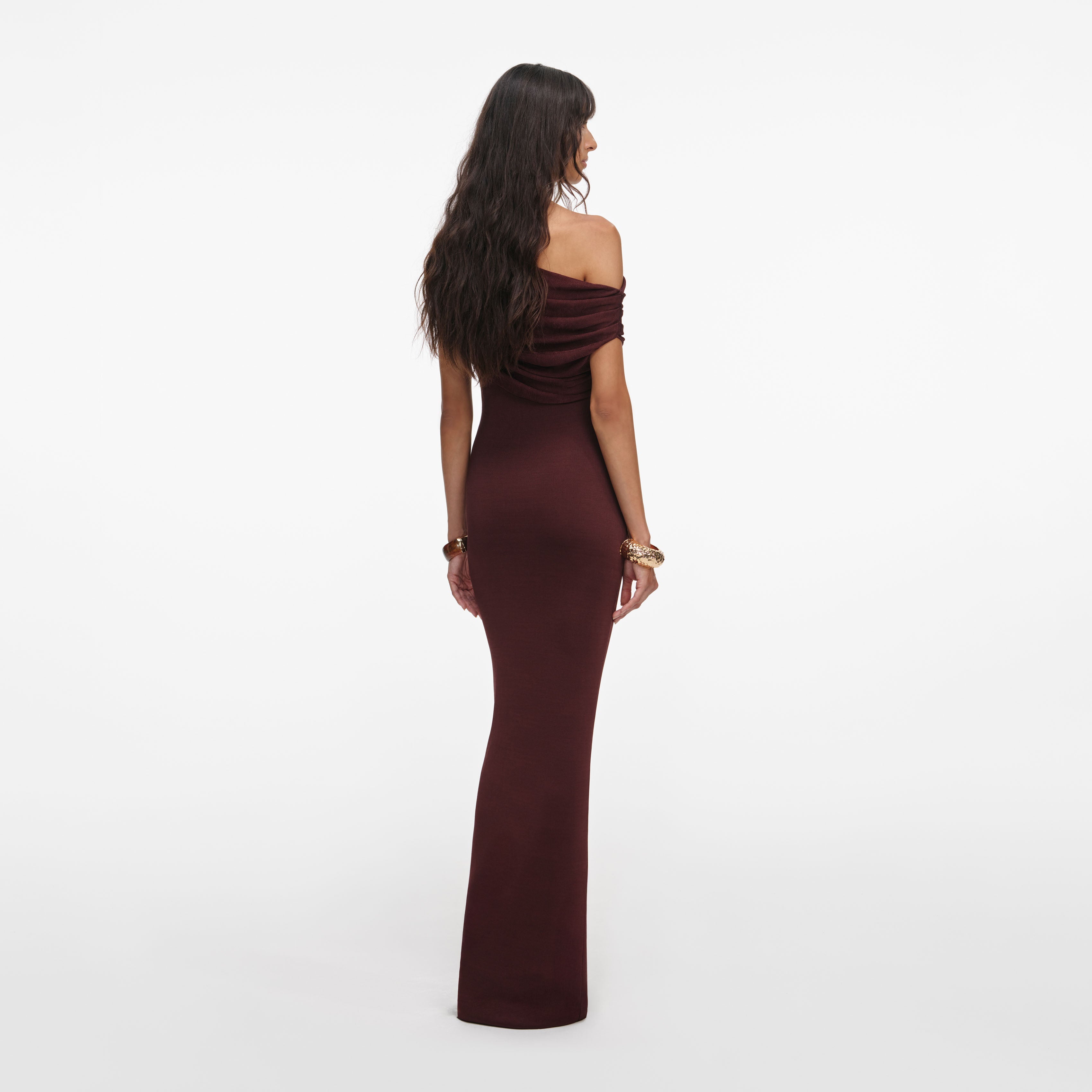 Brown Draped Knit Midi Dress