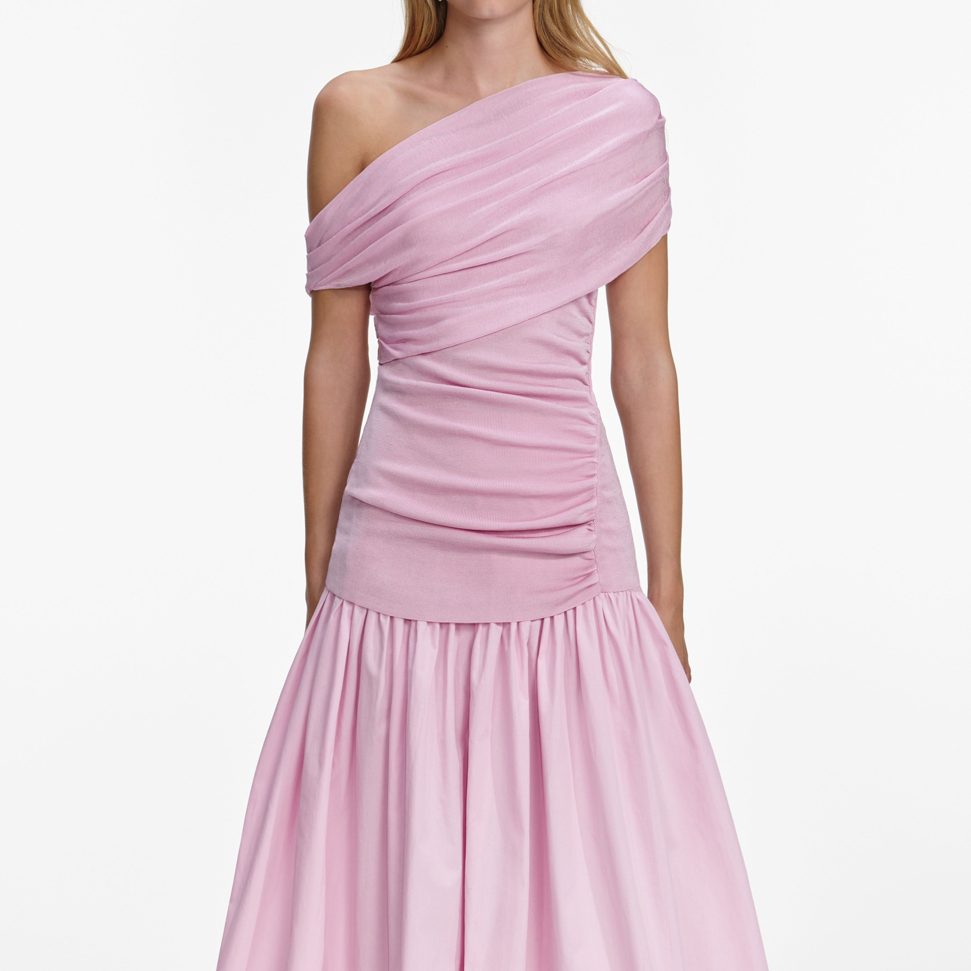 Pink Cotton Draped Knit Midi Dress