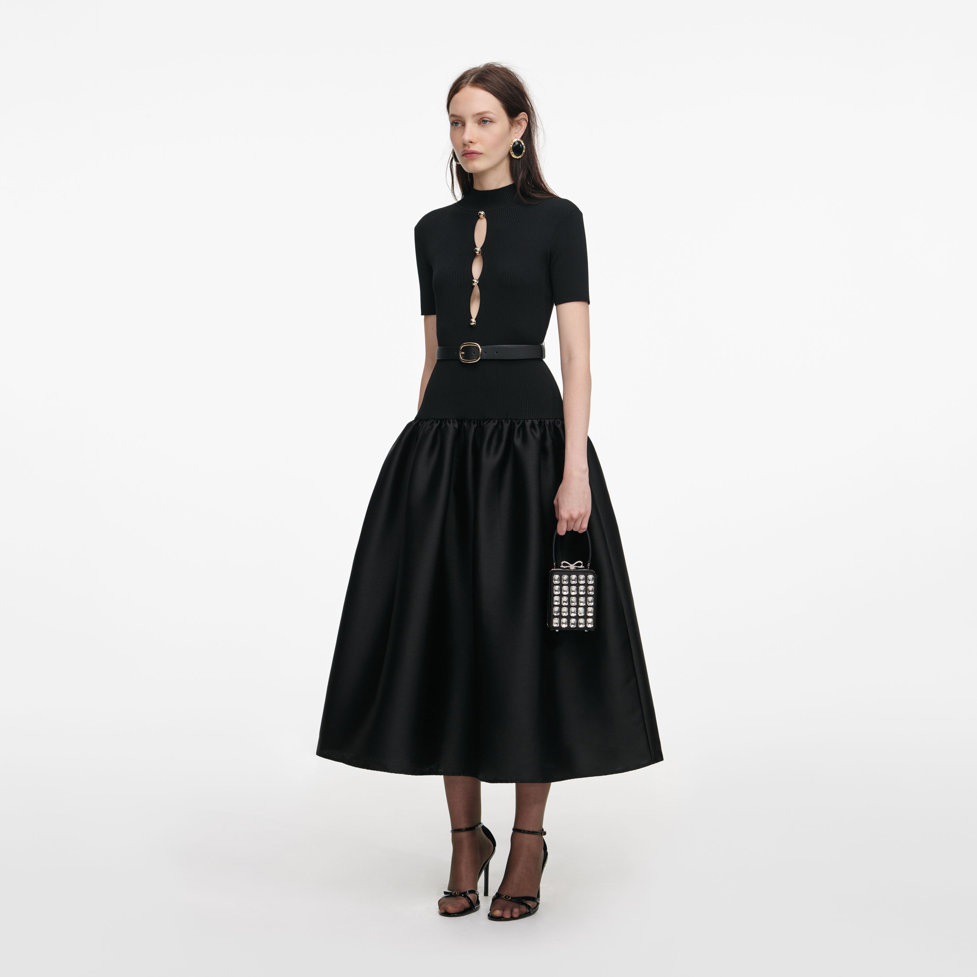 Black Knit Taffeta Midi Dress