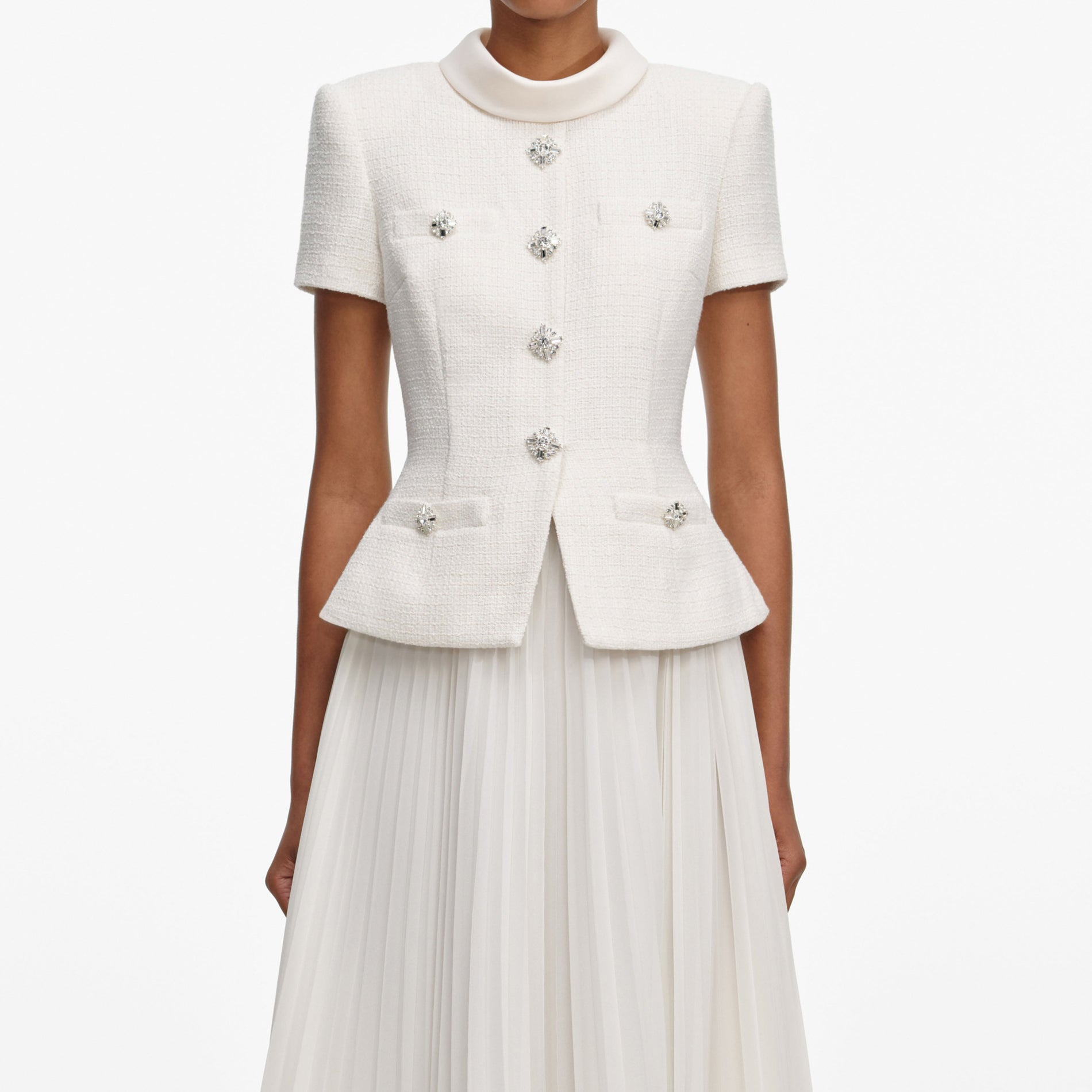 A close up of a woman wearing the Cream Boucle Collared Midi Dress