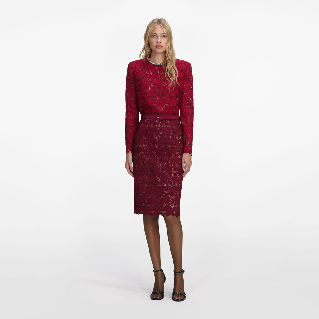 Front view of a woman wearing the Burgundy Lace Crystal Top