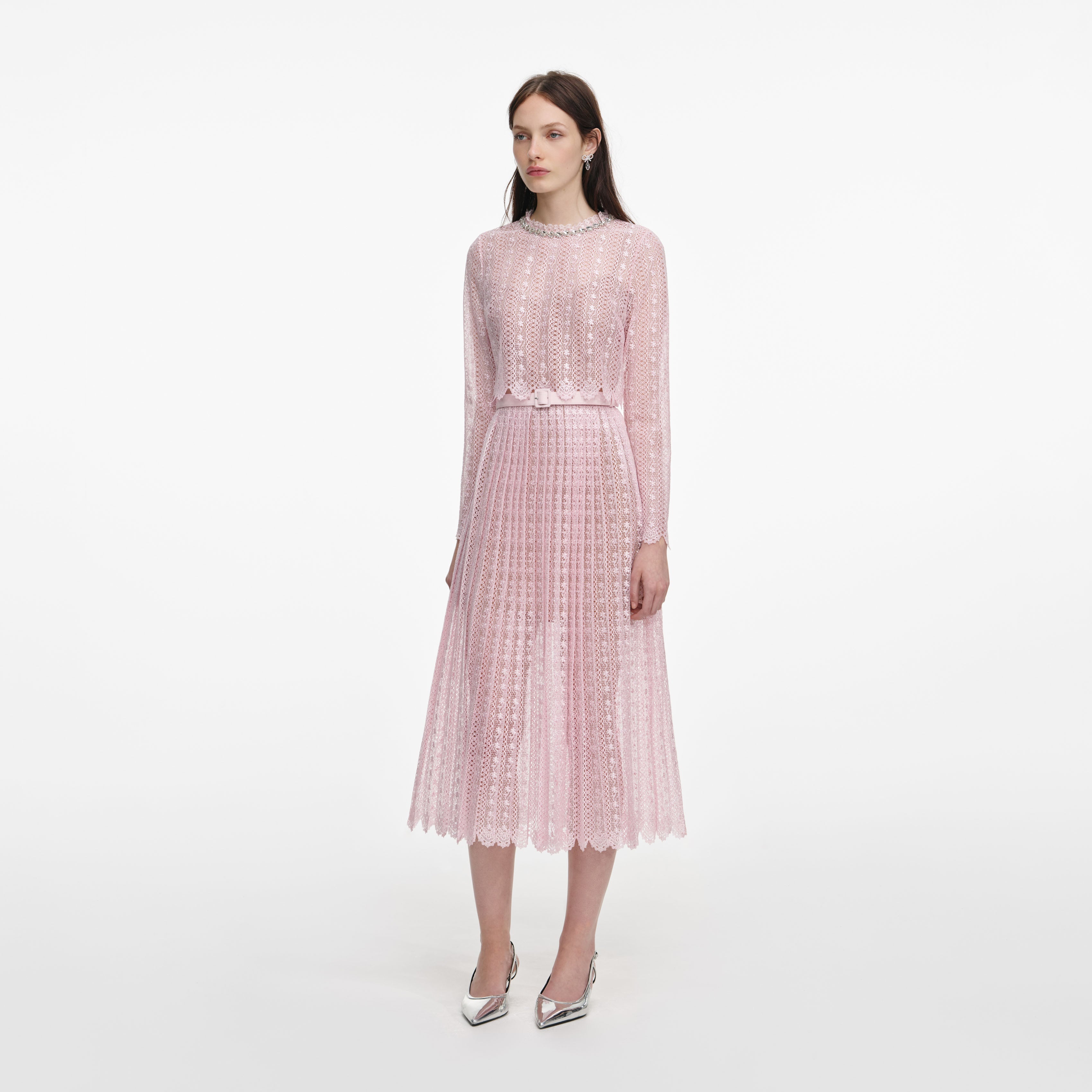 Pink Organza Lace Midi Dress