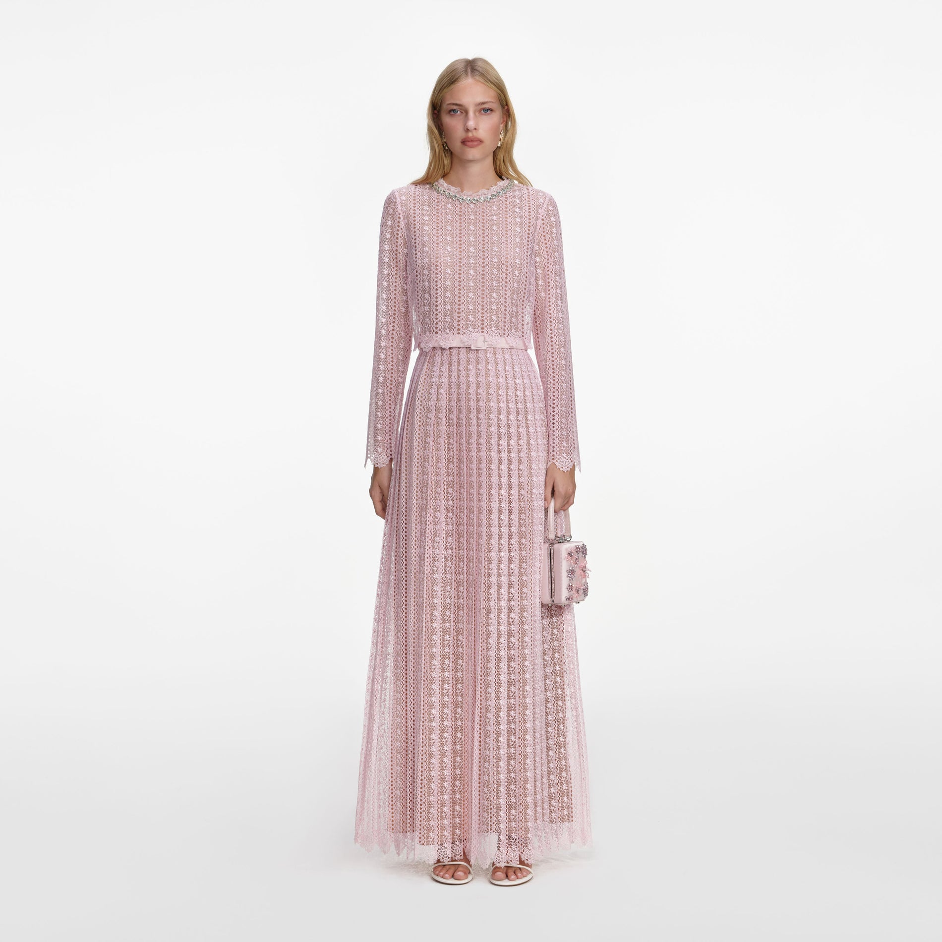 Front view of a woman wearing the Pink Organza Lace Maxi Dress