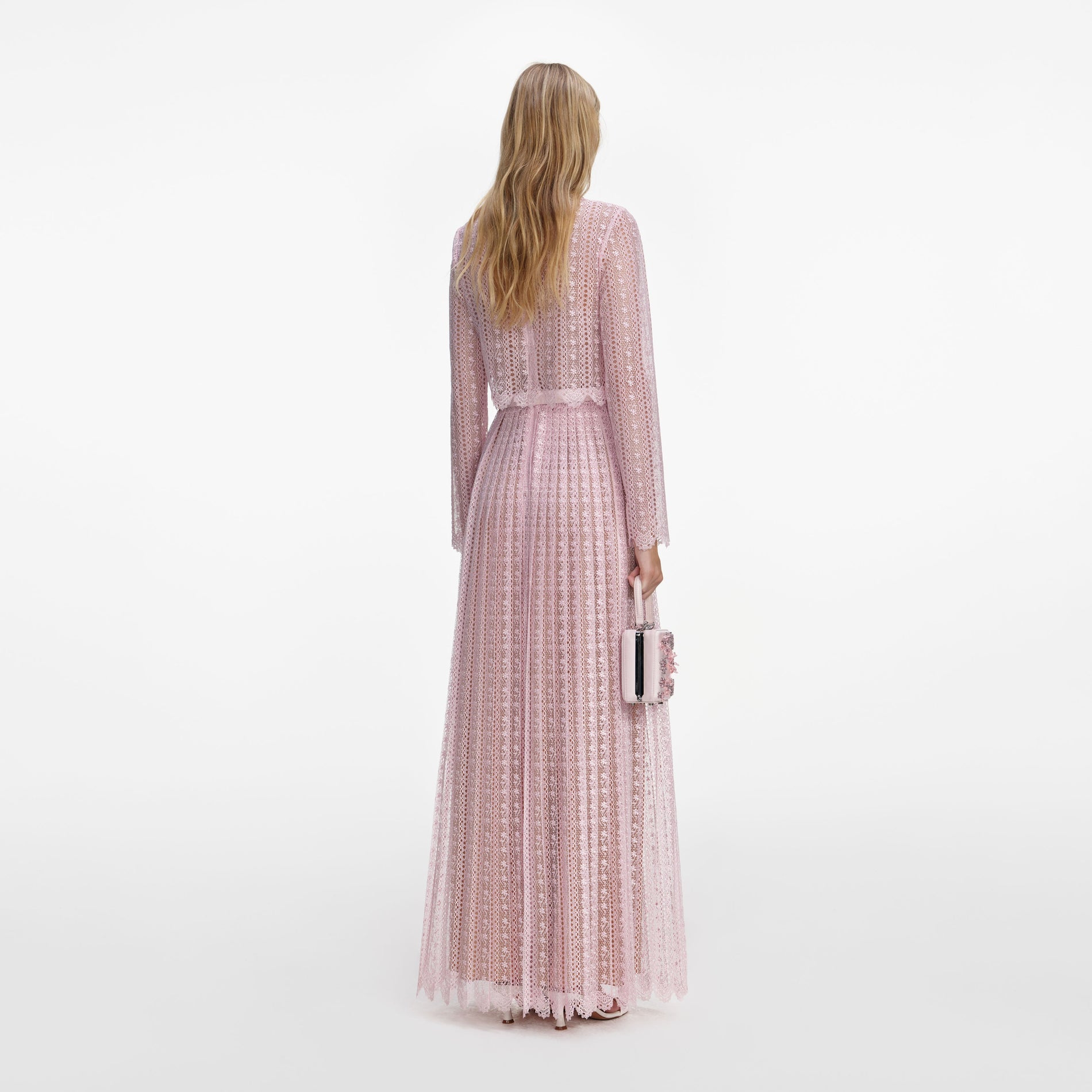 Back view of a woman wearing the Pink Organza Lace Maxi Dress