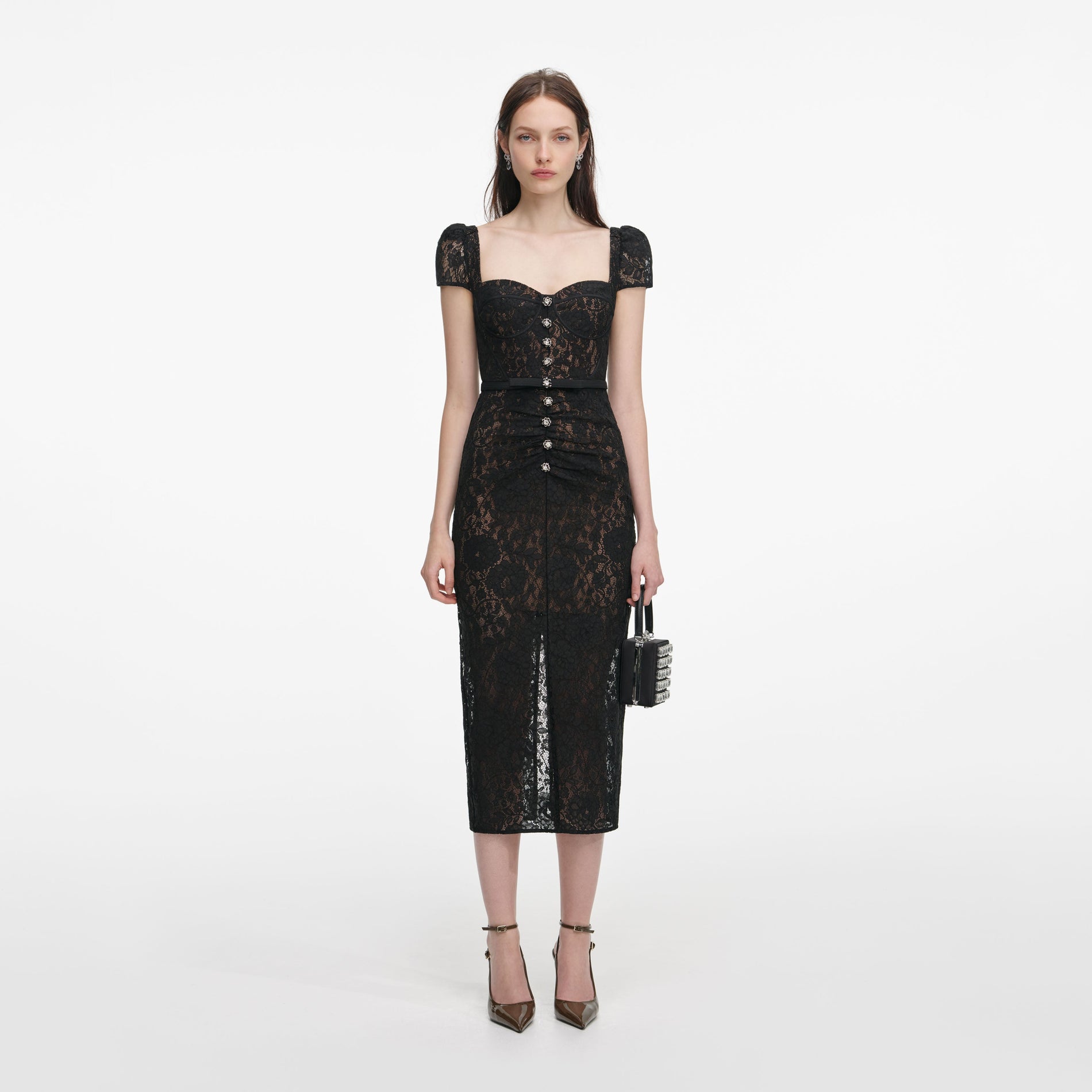 Front view of a woman wearing the Black Sweetheart Lace Midi Dress