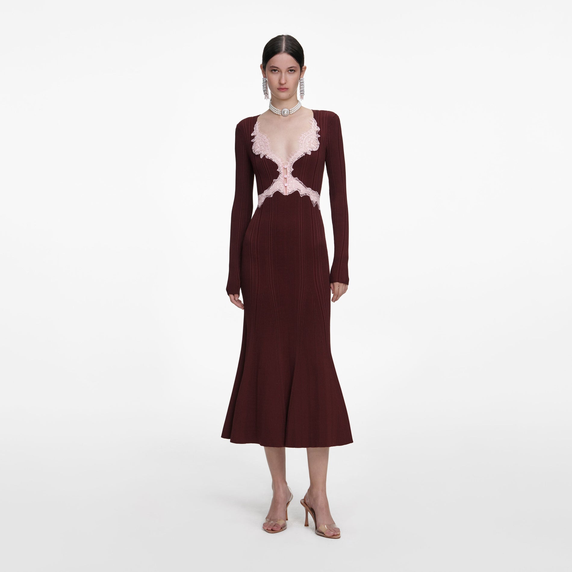 Front view of a woman wearing the Brown Contrast Lace Knit Midi Dress