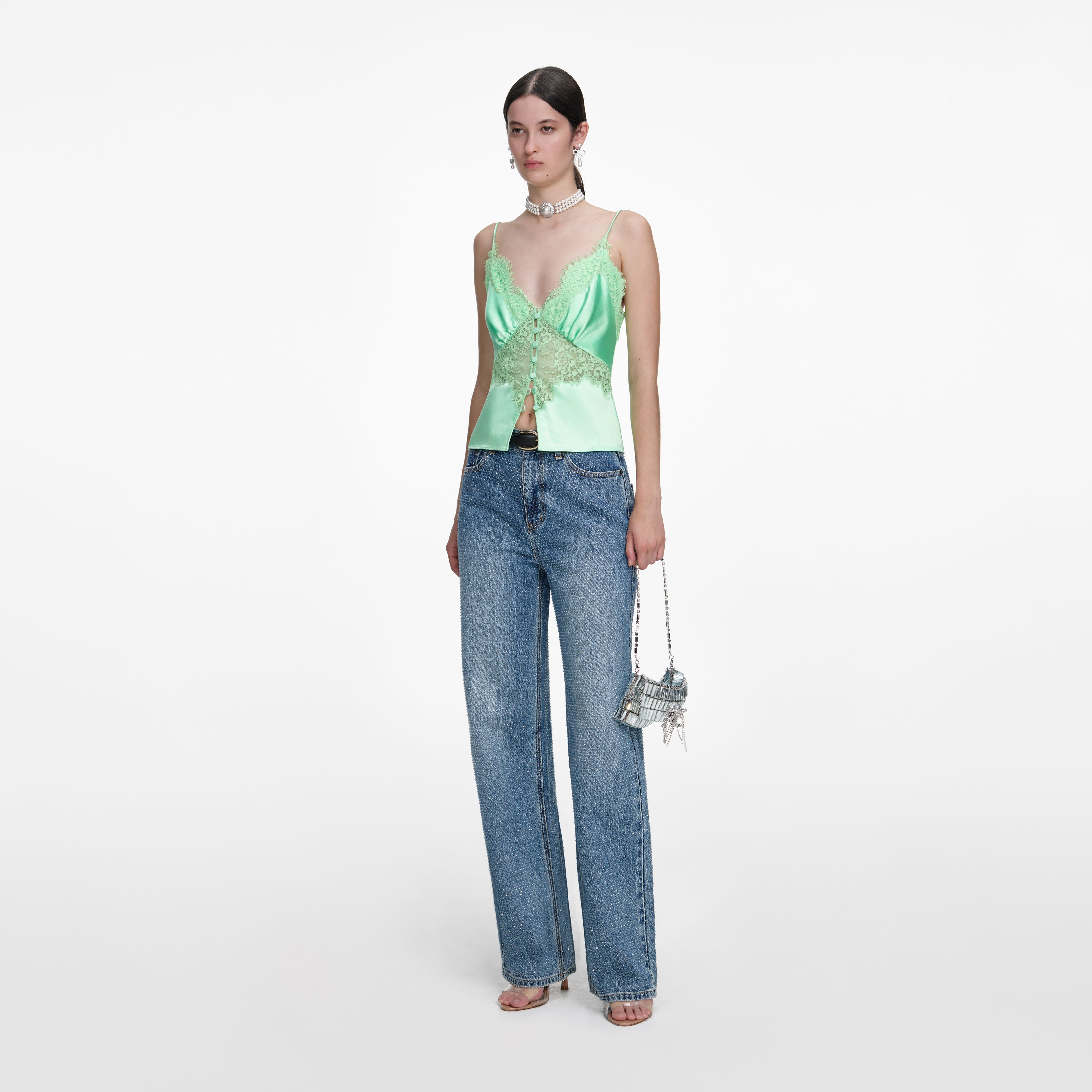 Green Satin Lace Top