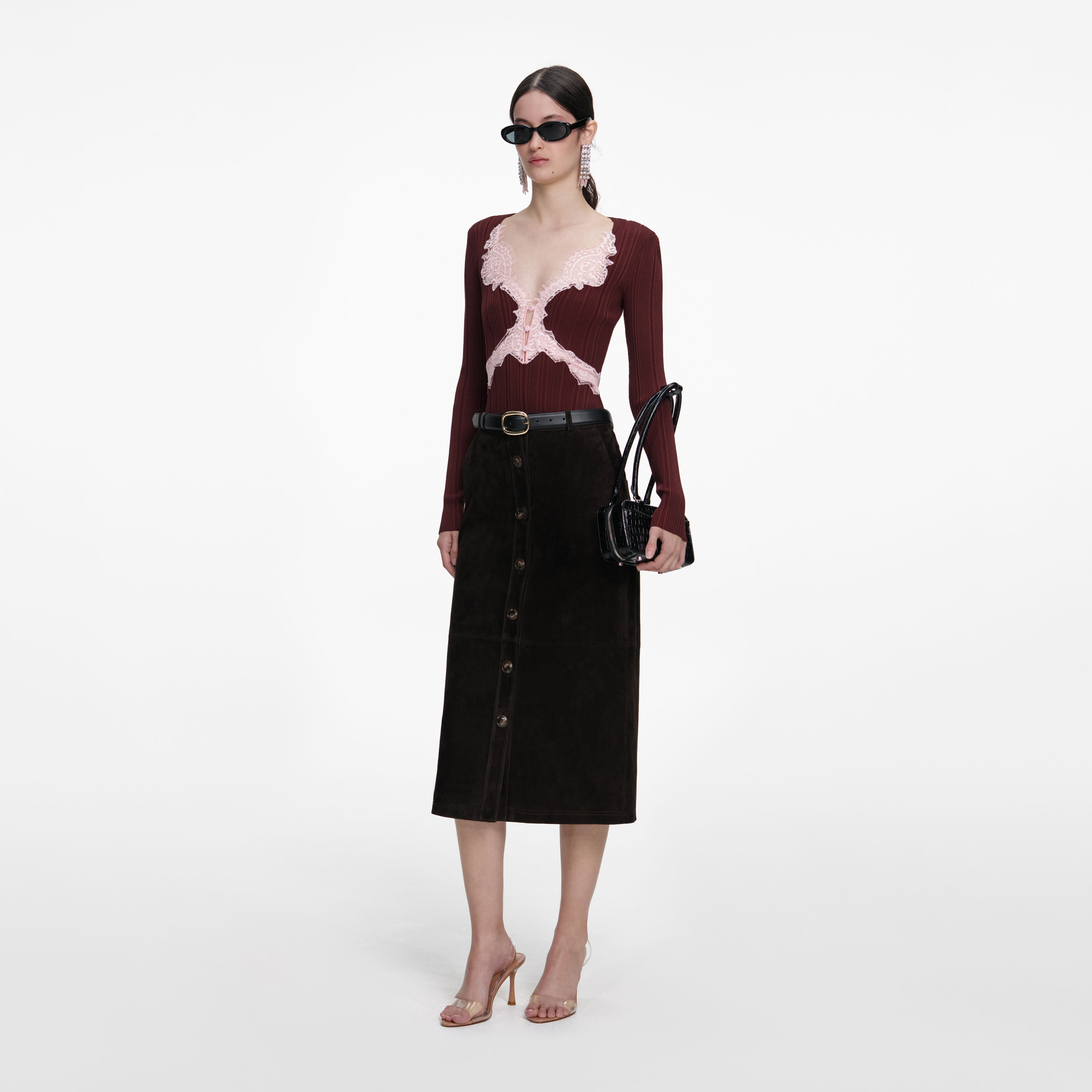 Brown Contrast Lace Knit Top