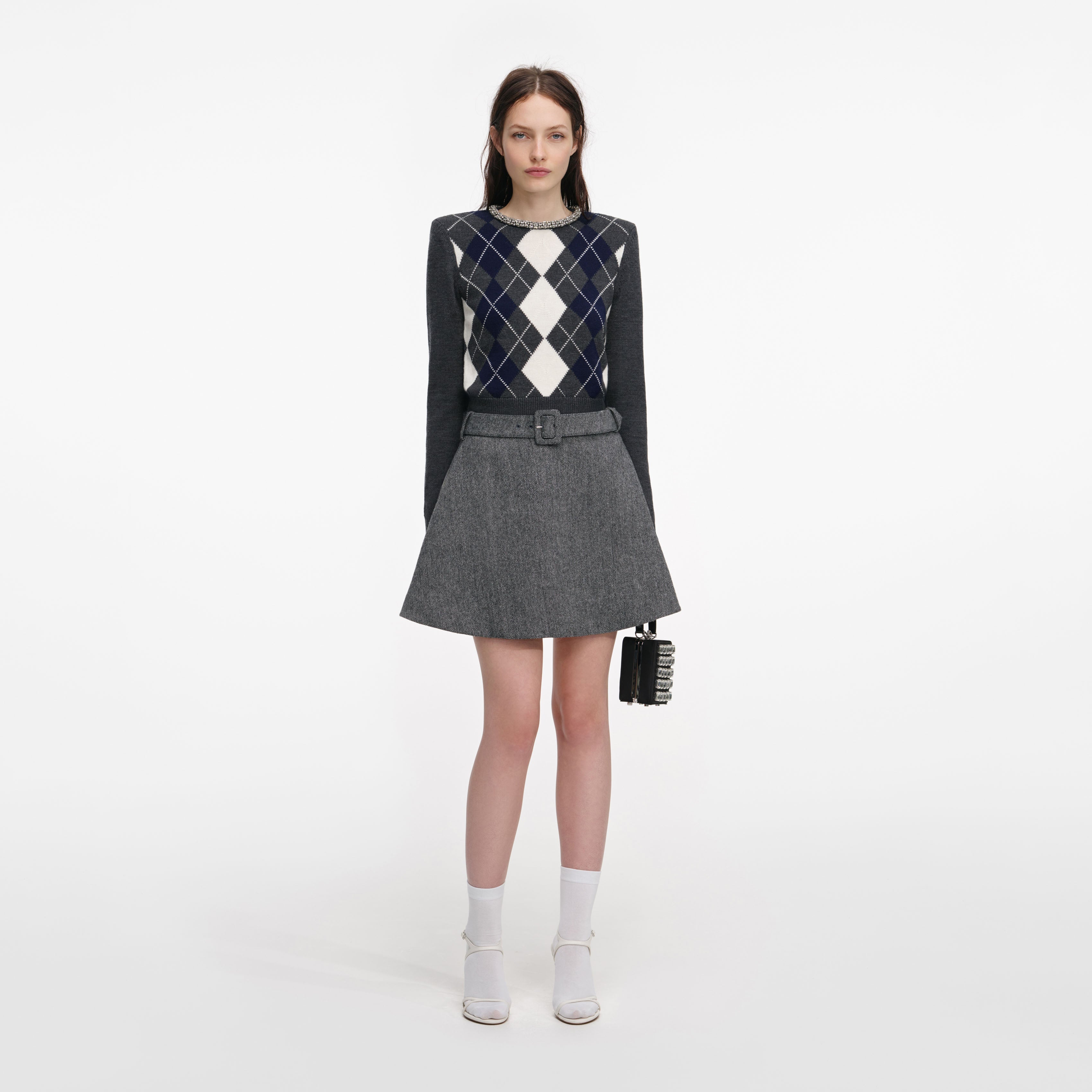 Grey Herringbone Flared Mini Skirt
