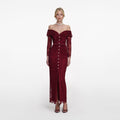 Burgundy Off Shoulder Gathered Lace Maxi Dress