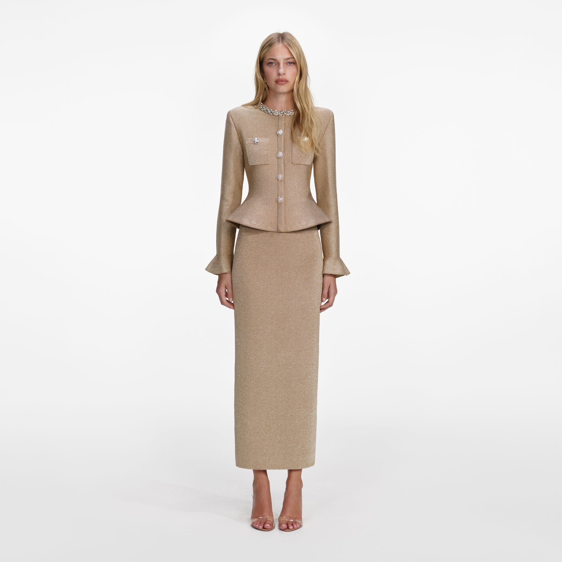 Front view of a woman wearing the Gold Crystal Trim Knit Midi Dress