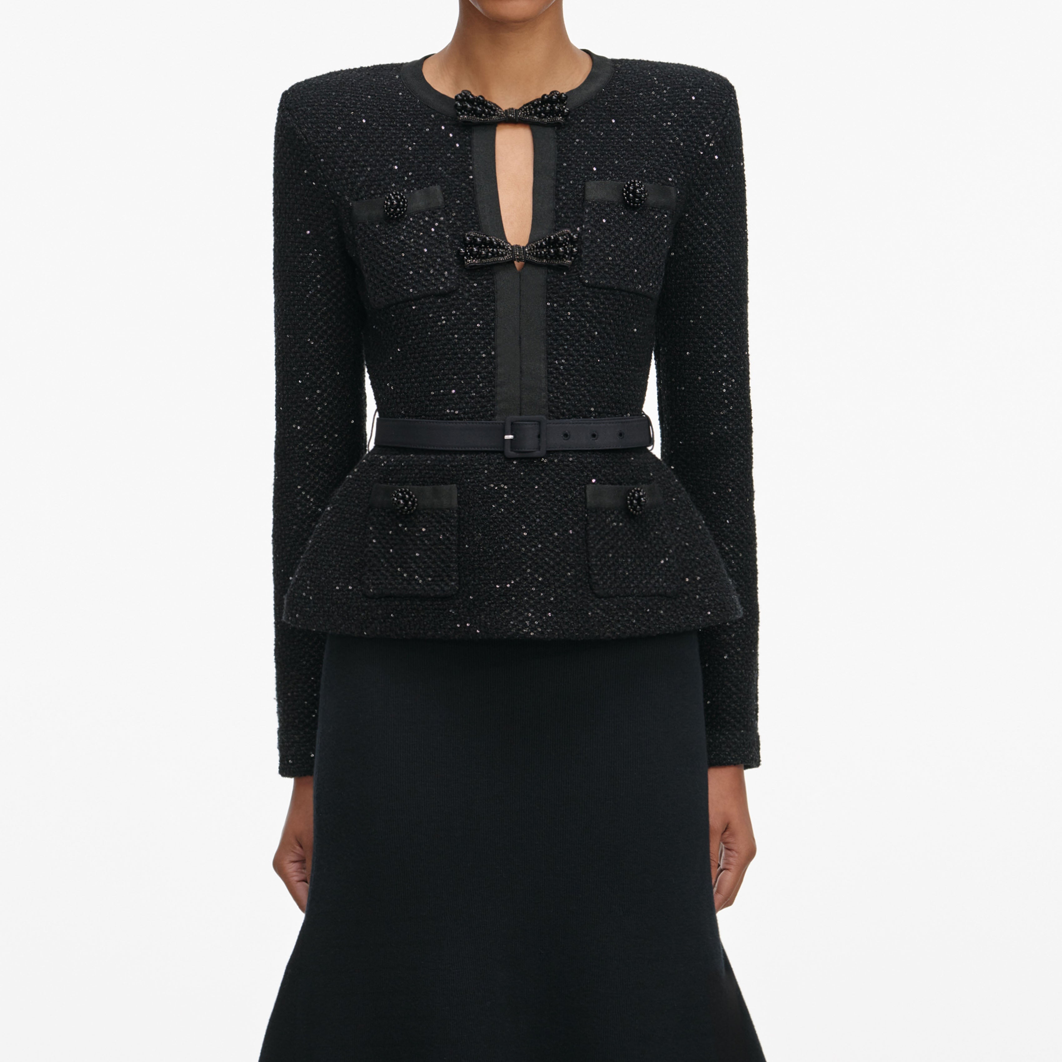 Black Sequin Knit Tailored Midi Dress