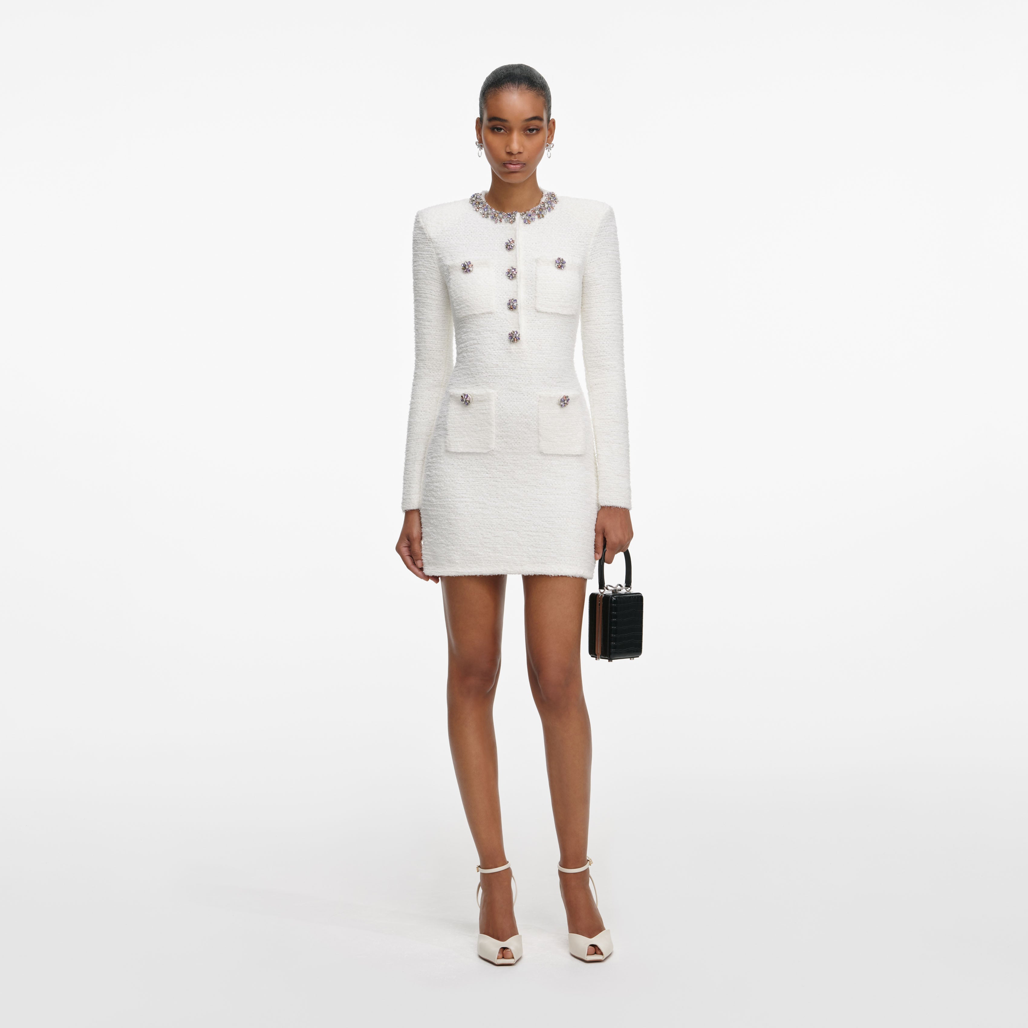 Cream Crystal Trim Knit Mini Dress