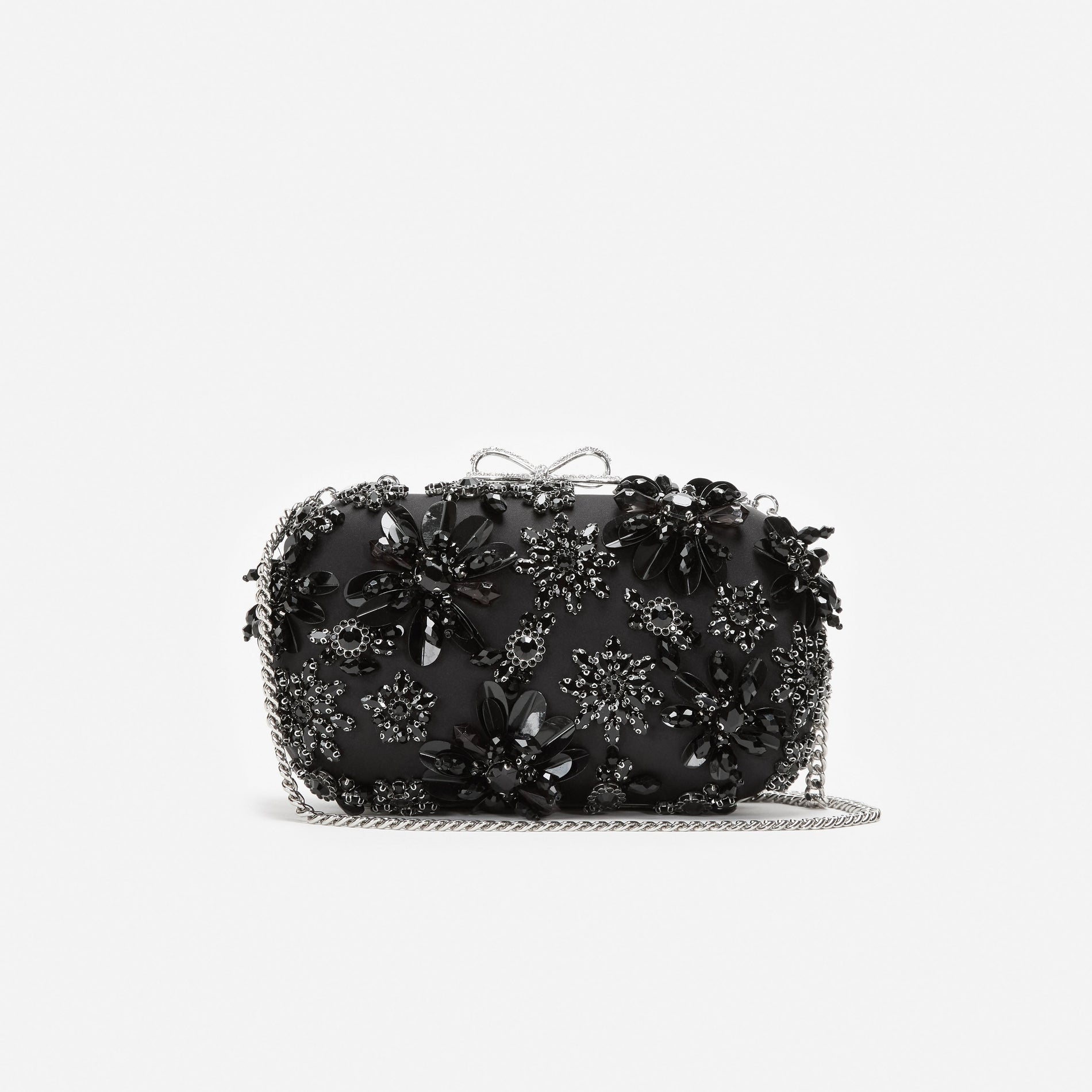 Black Satin Floral Crystal Clutch Bag