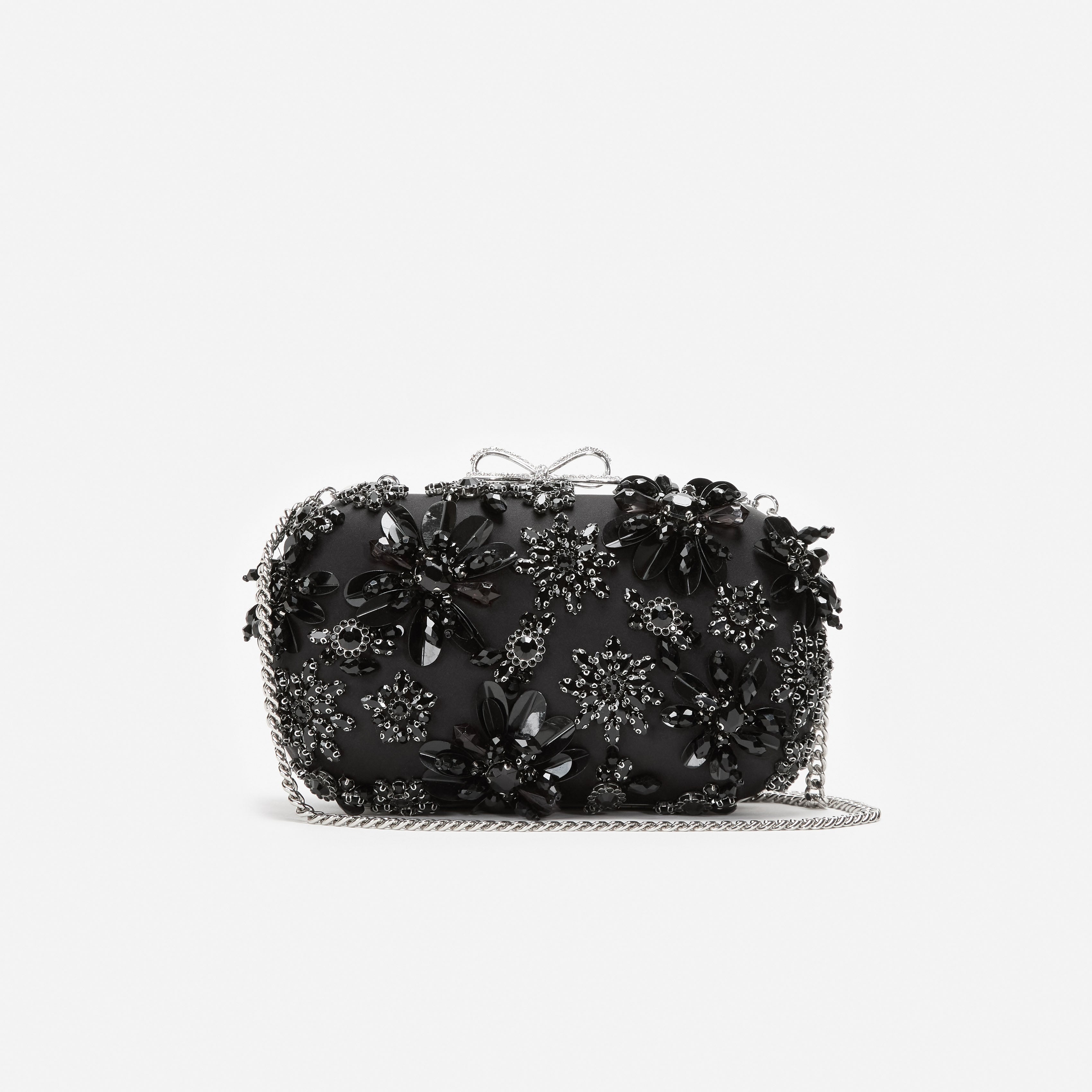 Black Satin Floral Crystal Clutch Bag