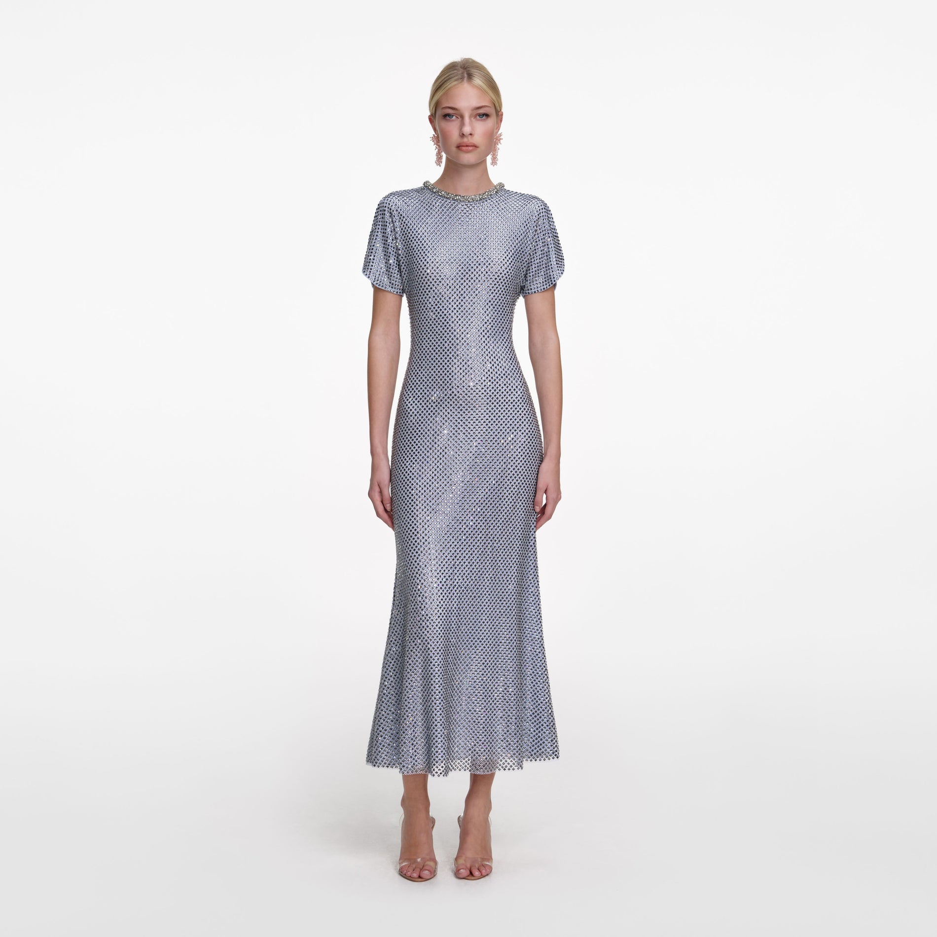 A close up of a woman wearing the Blue Rhinestone Mesh Midi Dress
