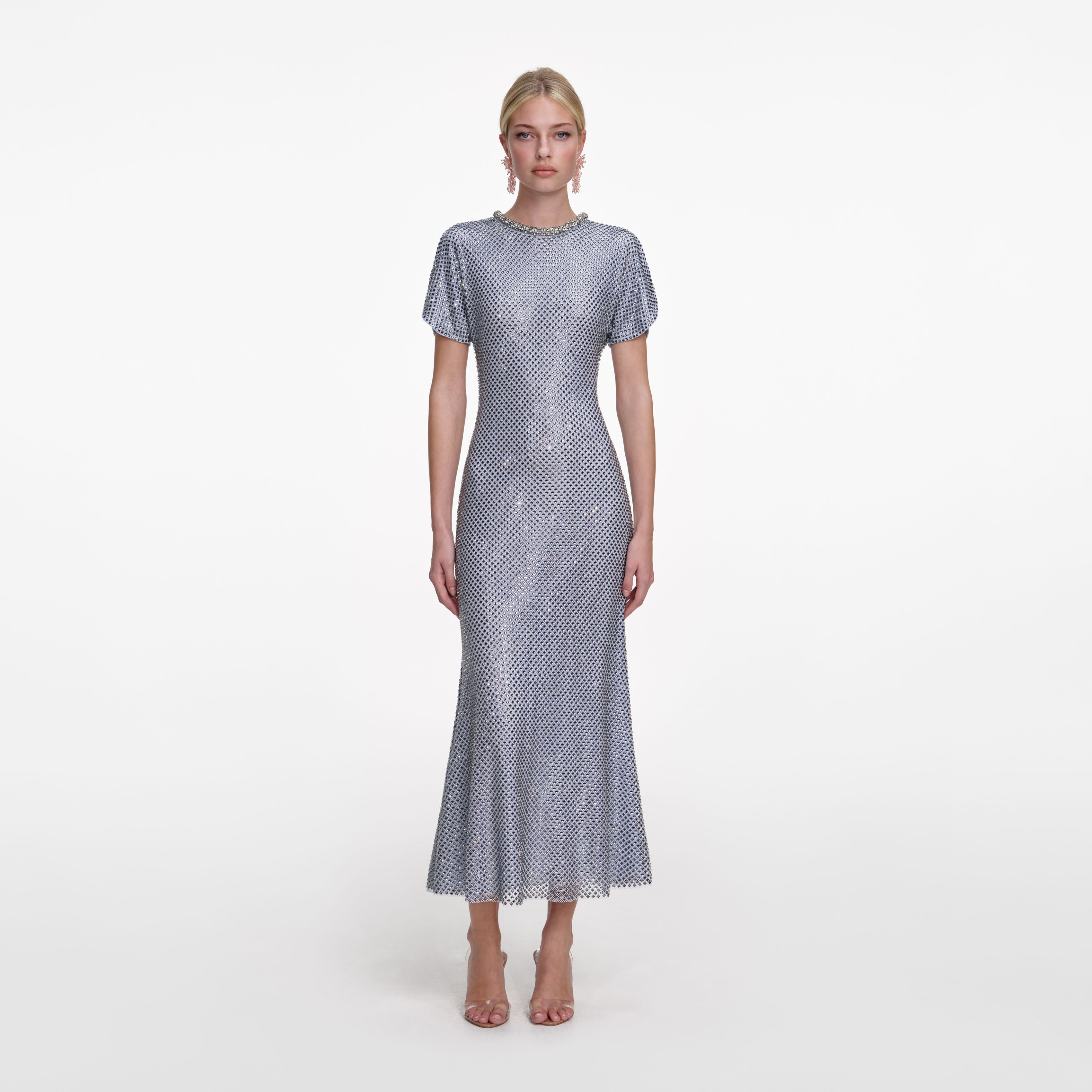 Blue Rhinestone Mesh Midi Dress