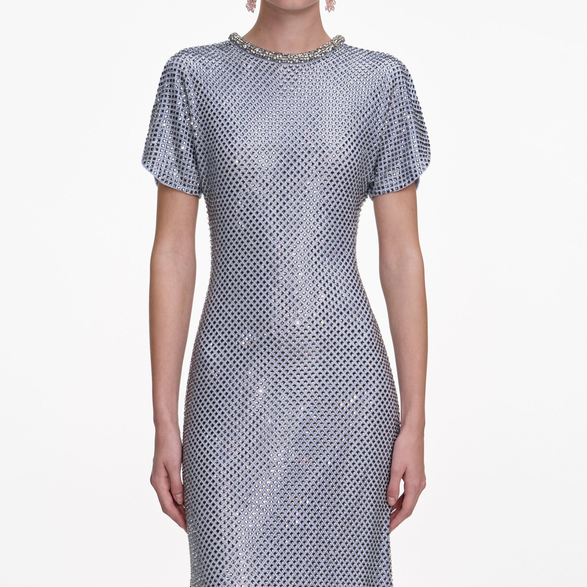 A close up of the fabric for the Blue Rhinestone Mesh Midi Dress