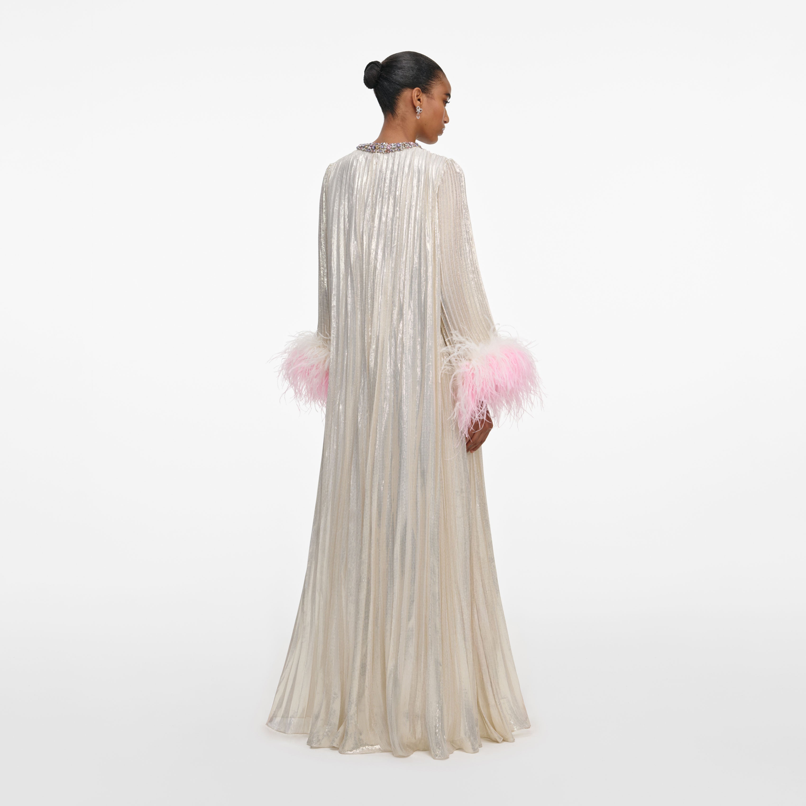 Champagne Metallic Ombre Feather Maxi Dress