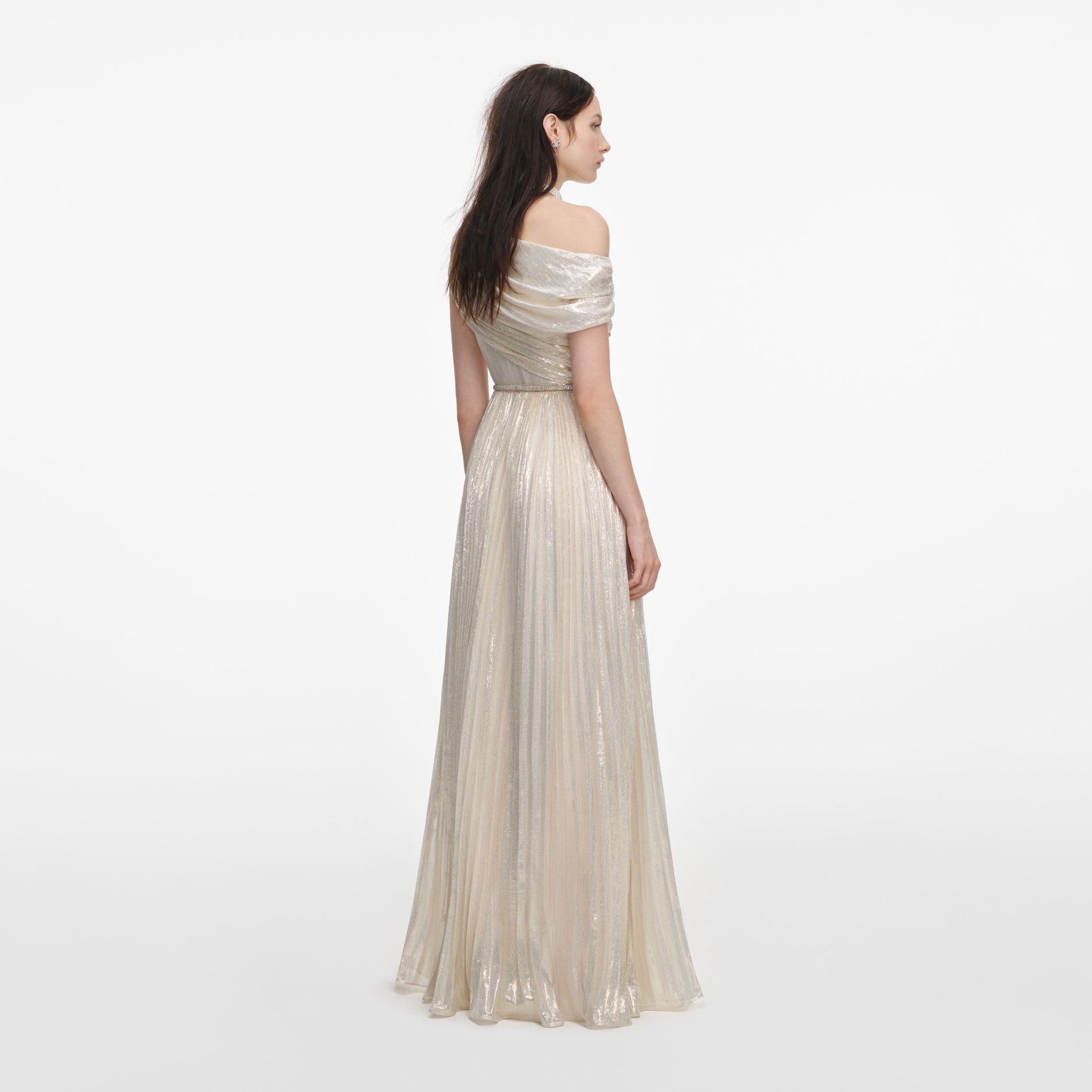 Back view of a woman wearing the Champagne Metallic Chiffon Maxi Dress