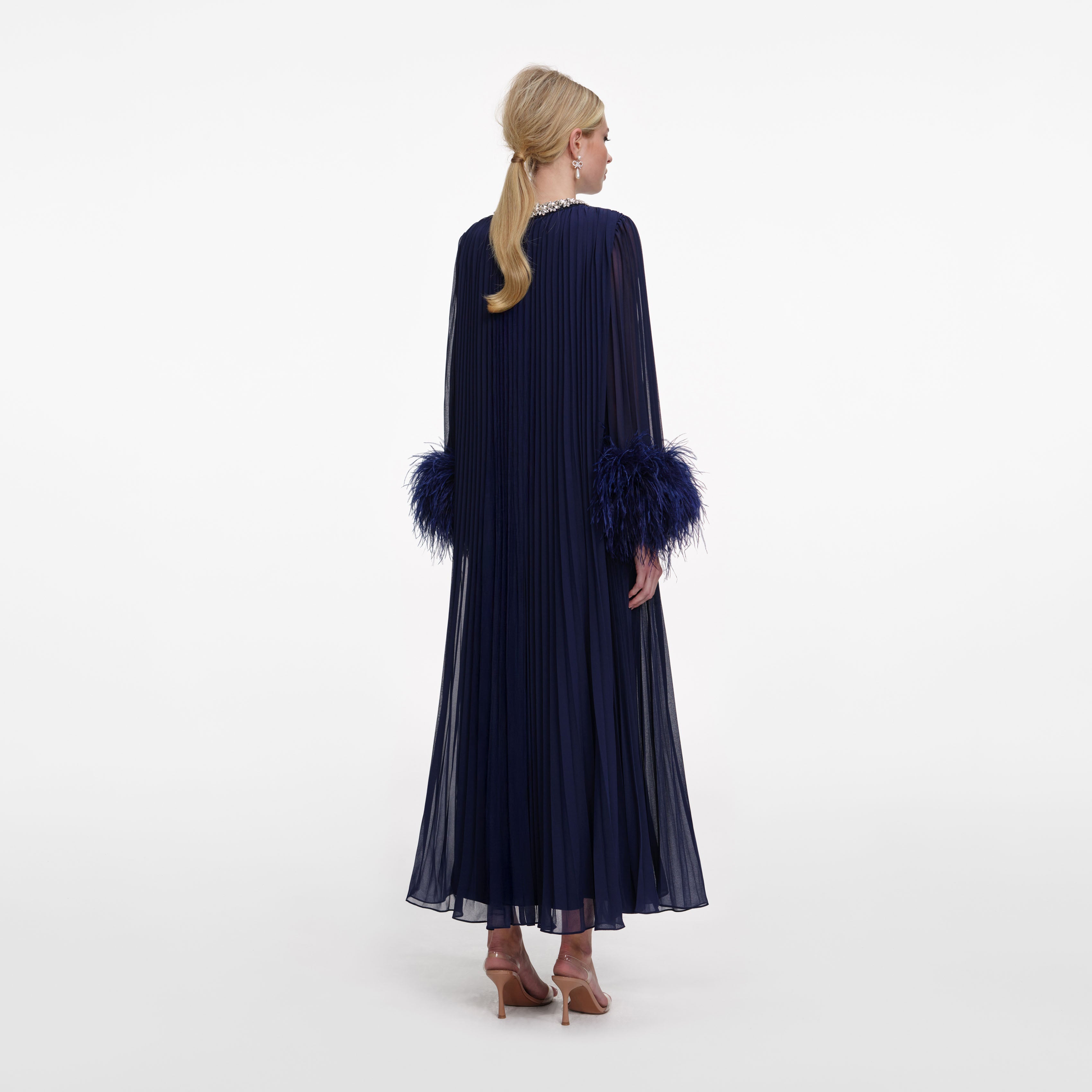 Navy Chiffon Feather Midi Dress