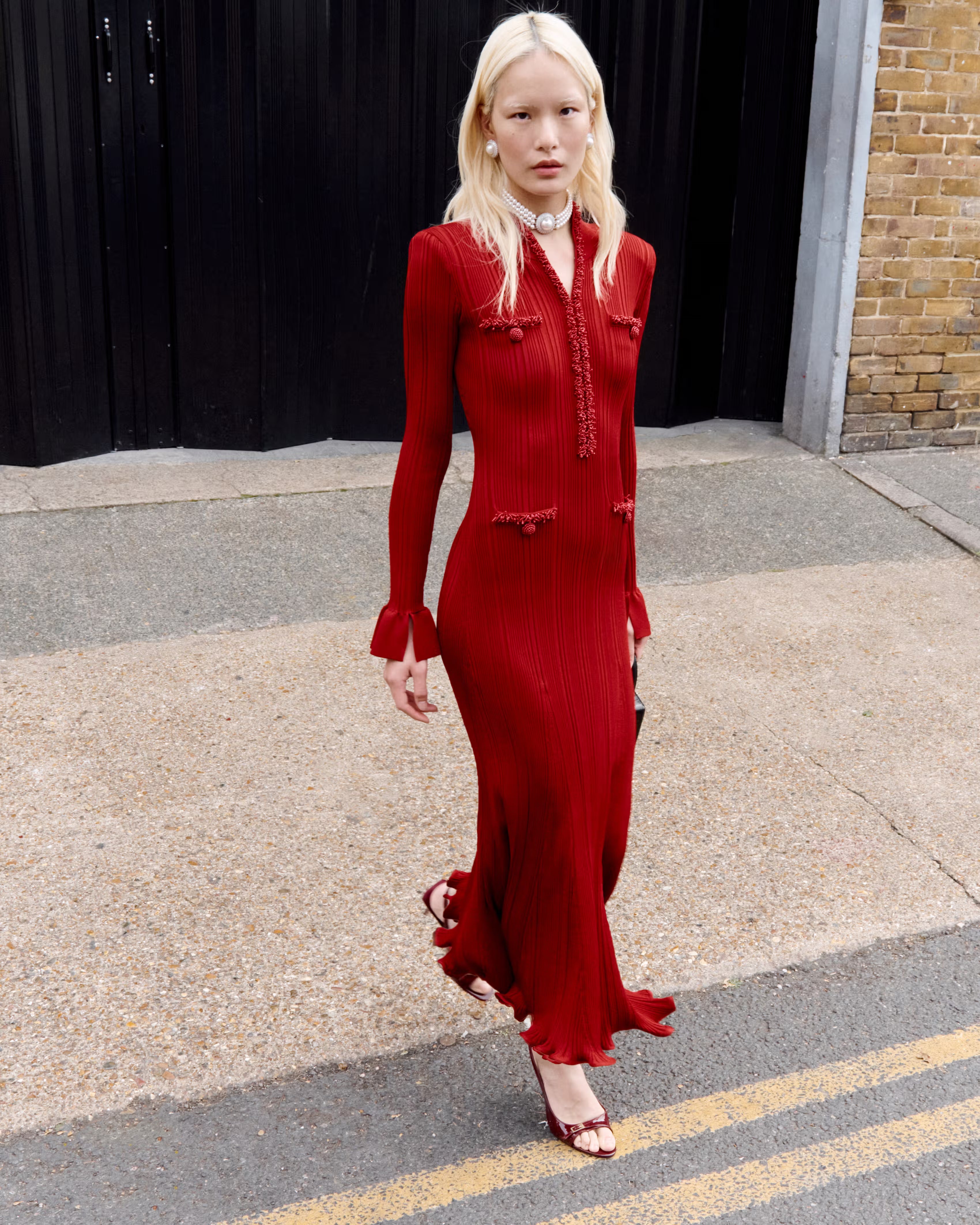 Red Pearl Trim Knit Midi Dress