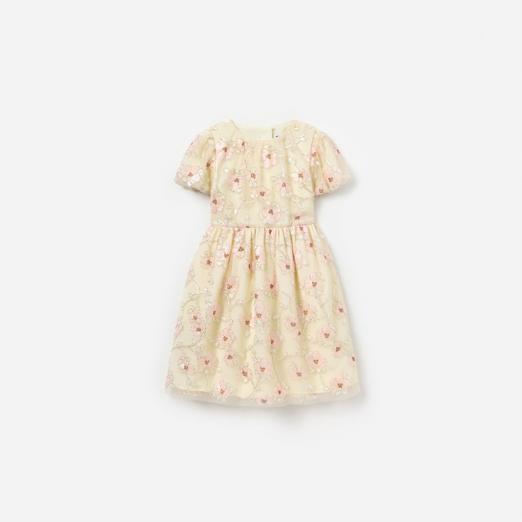 Cream Embellished Flower Tulle Dress