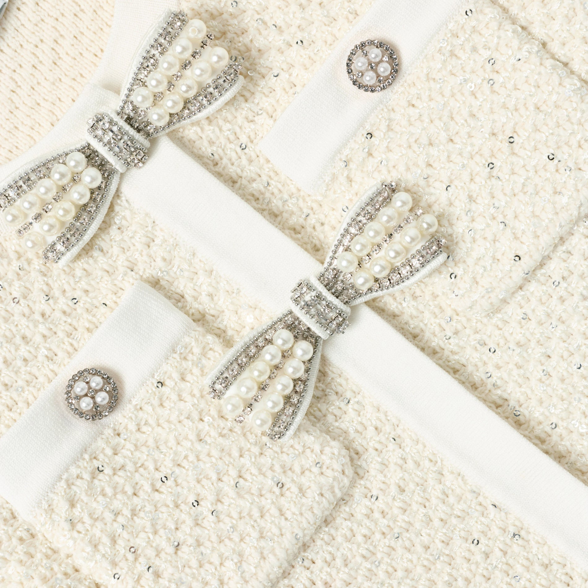 Cream Sequin Knit Bow Trim Dress