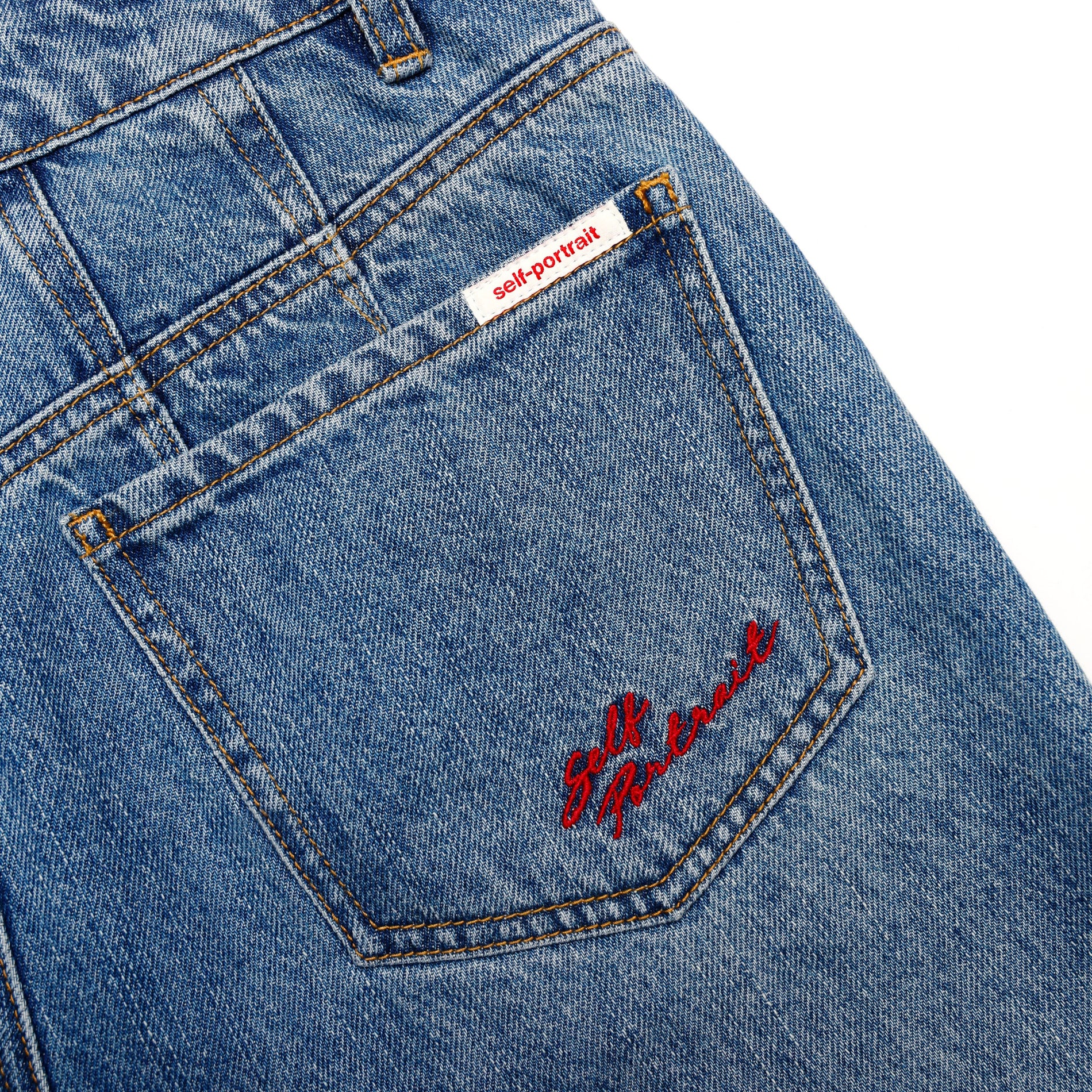 A close up of the fabric for the Blue Barrel Leg Jeans