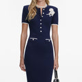 Navy Crochet Flower Knit Midi Dress