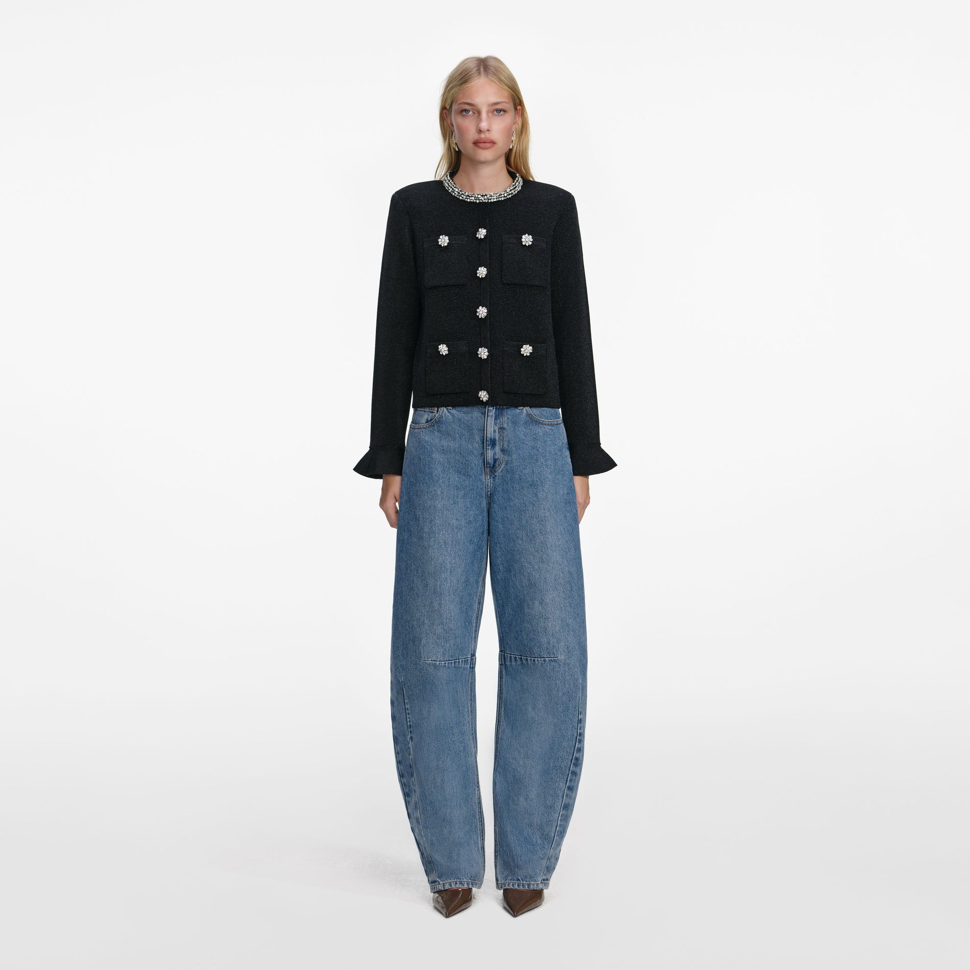 Front view of a woman wearing the Black Crystal Button Cardigan