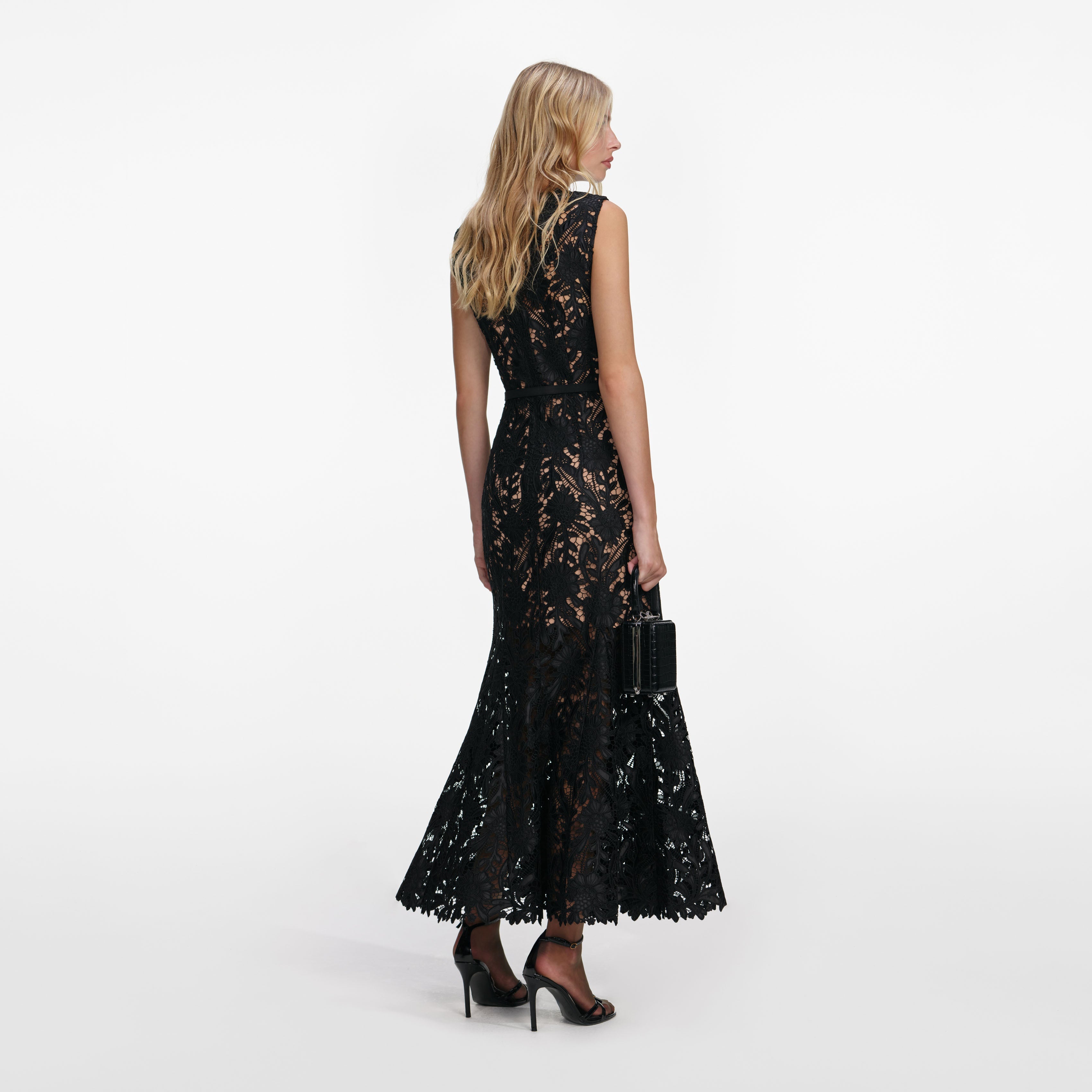 Black Guipure Lace Midi Dress