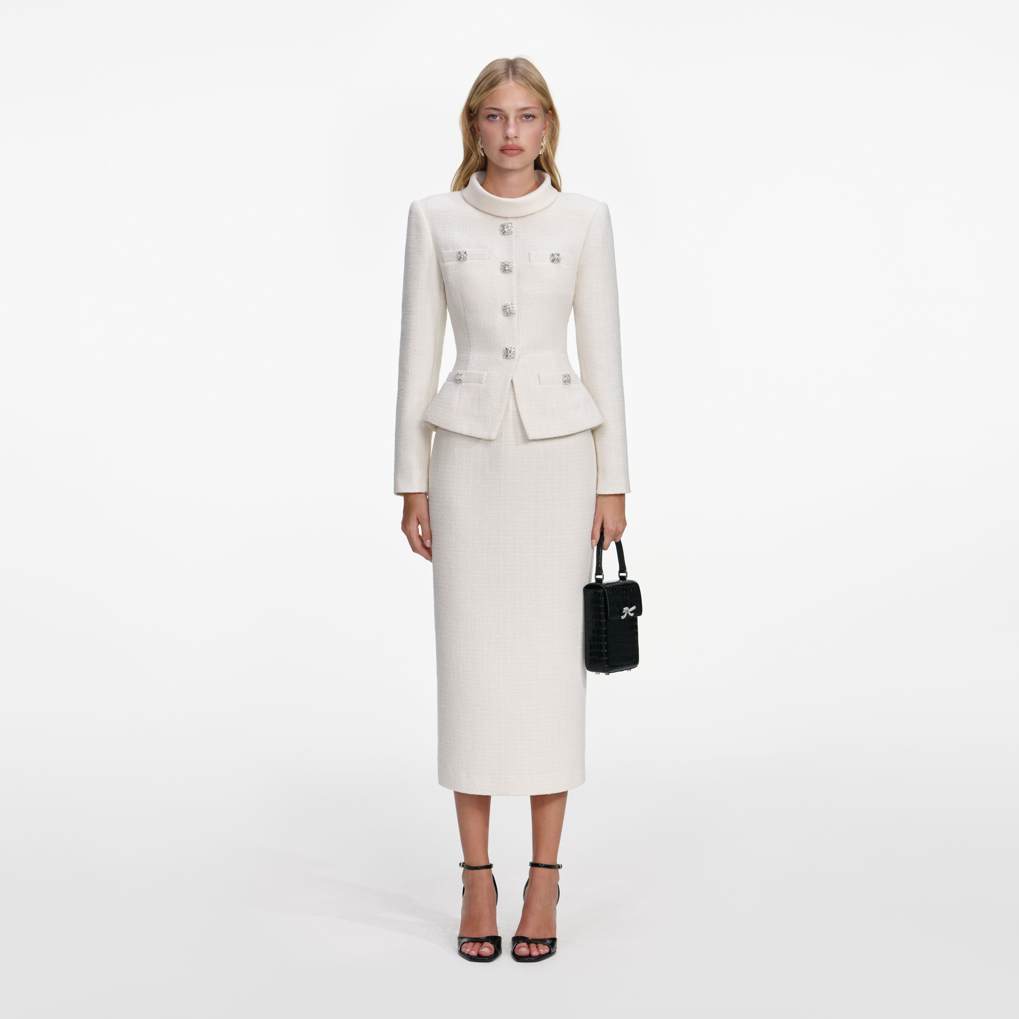 Cream Boucle Tailored Midi Dress