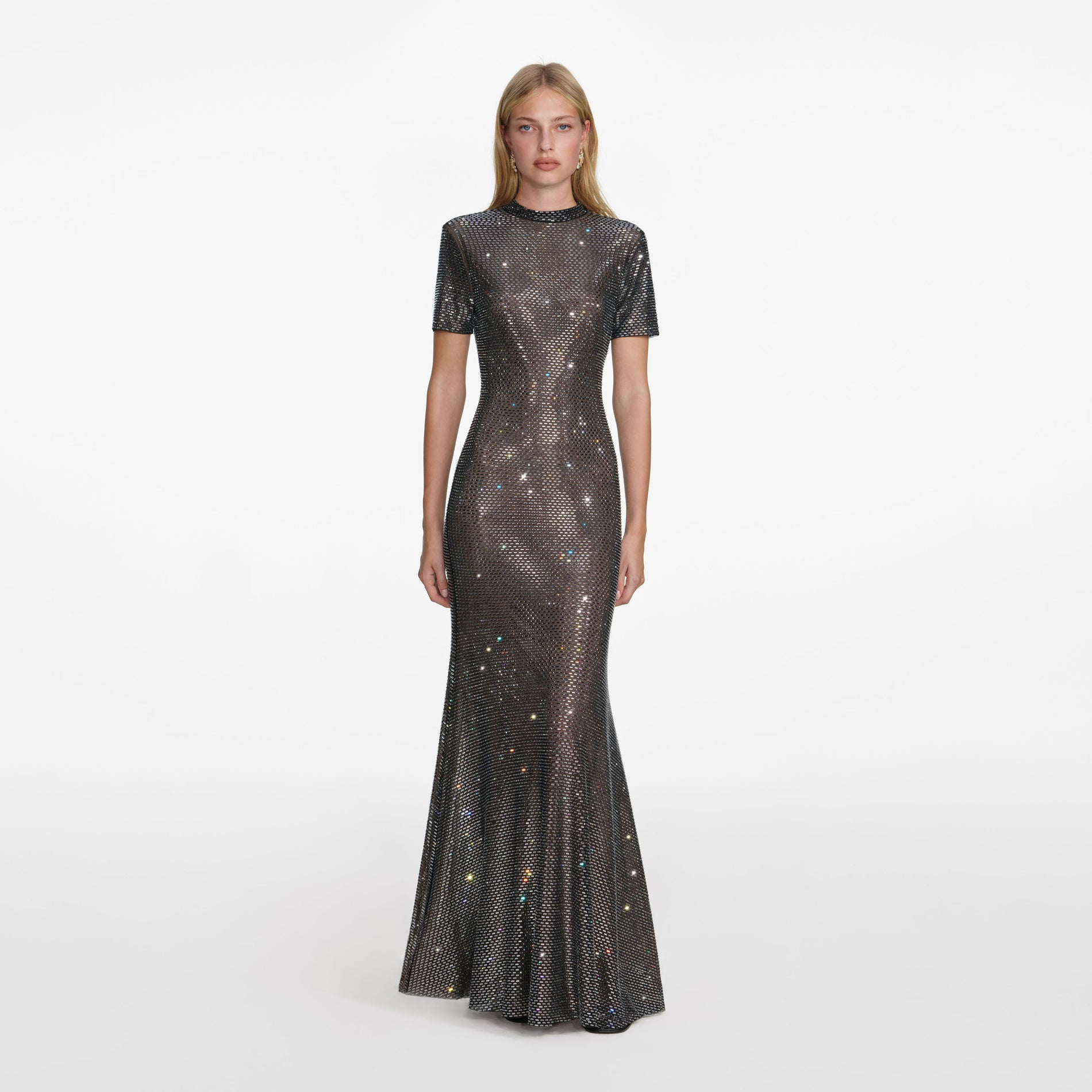 Front view of a woman wearing the Gunmetal Rhinestone Mesh Maxi Dress