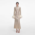 Champagne Rhinestone Feather Midi Dress