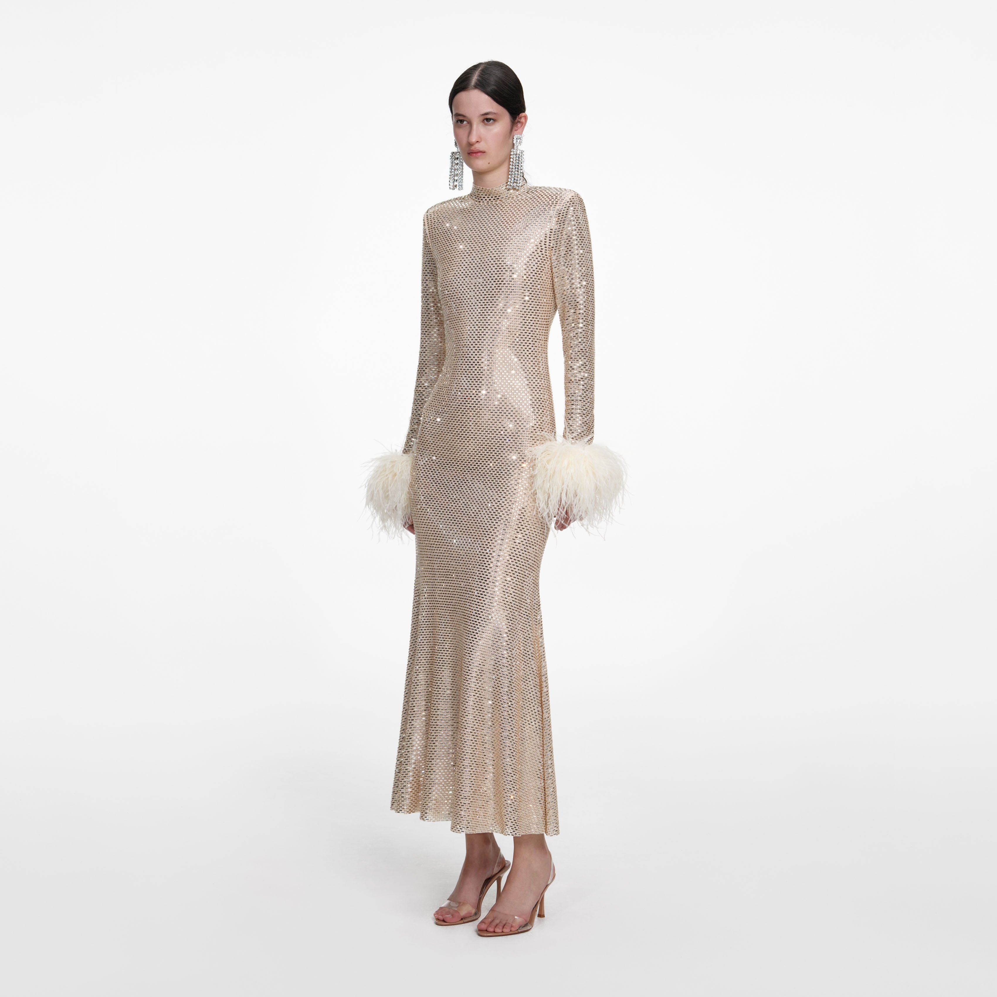 Champagne Rhinestone Feather Midi Dress