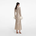 Champagne Rhinestone Feather Midi Dress