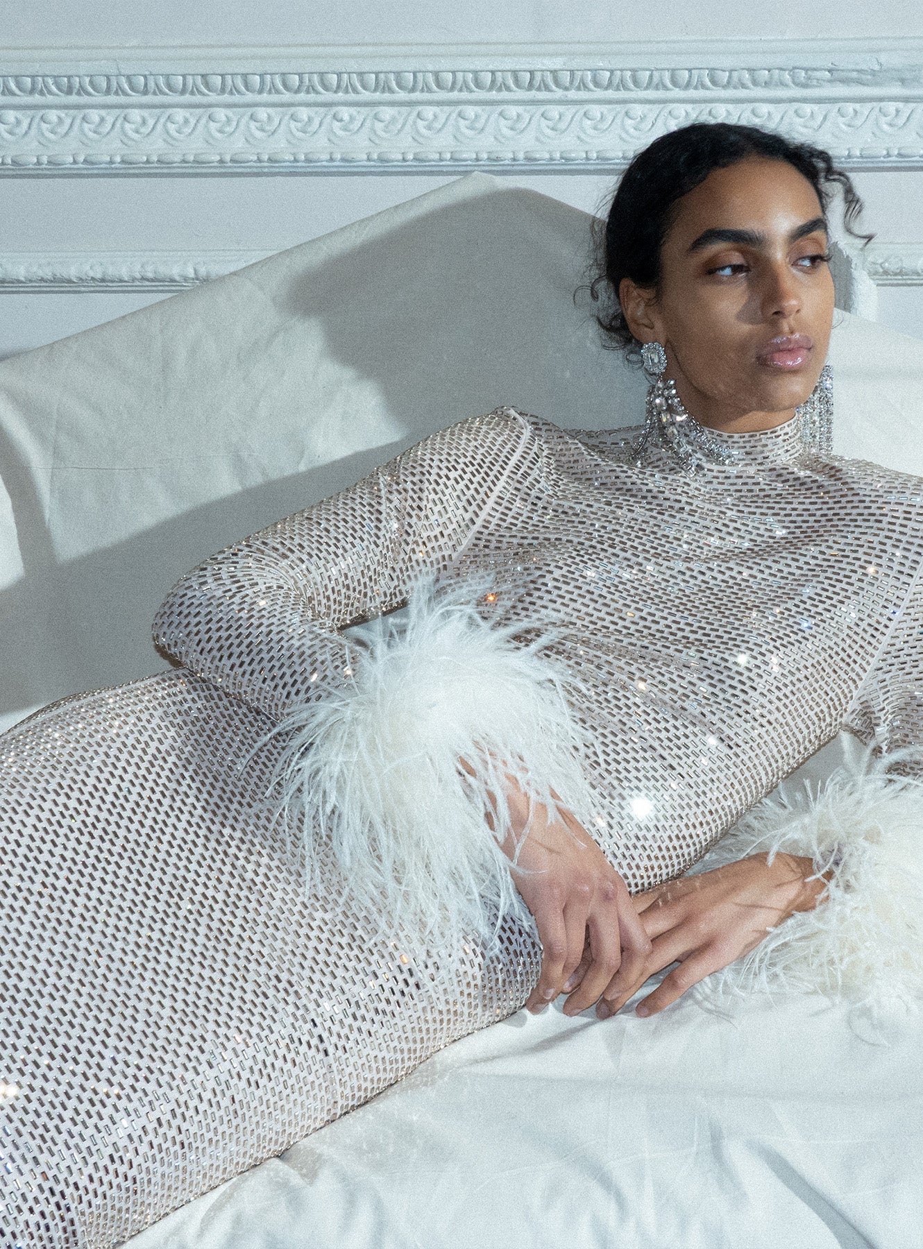 Champagne Rhinestone Feather Midi Dress