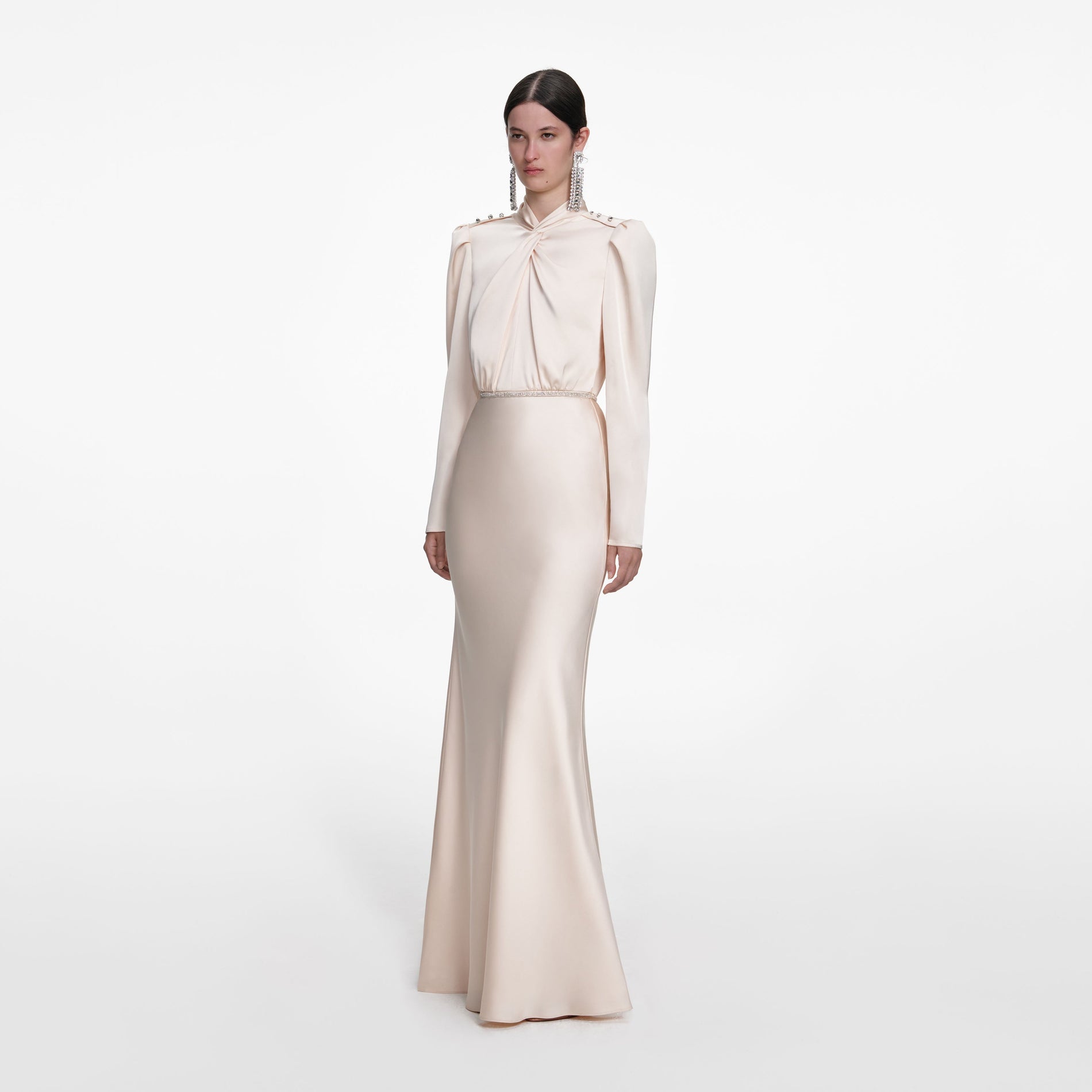 Side view of a woman wearing the Champagne Satin Maxi Dress