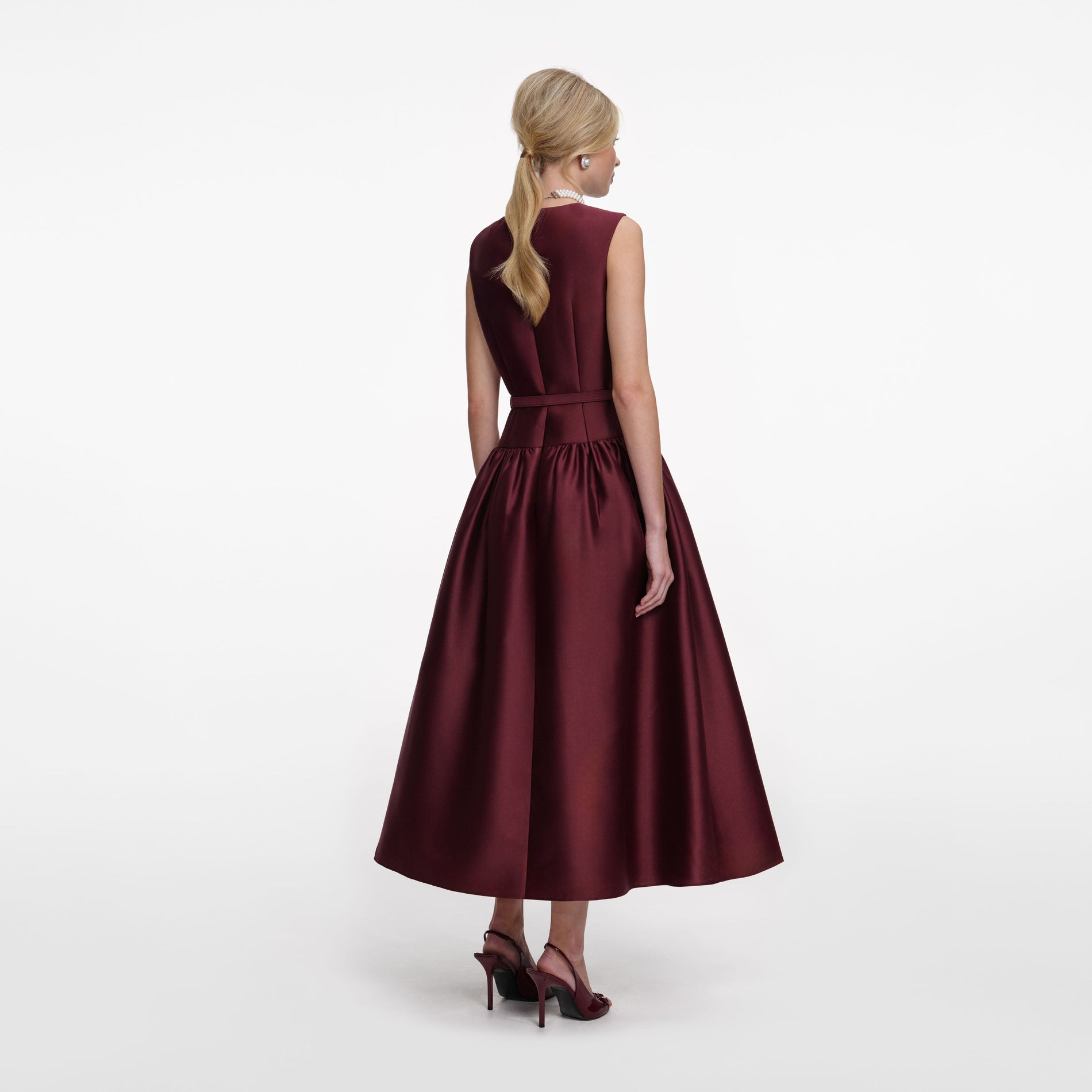 Back view of a woman wearing the Burgundy Taffeta Midi Dress
