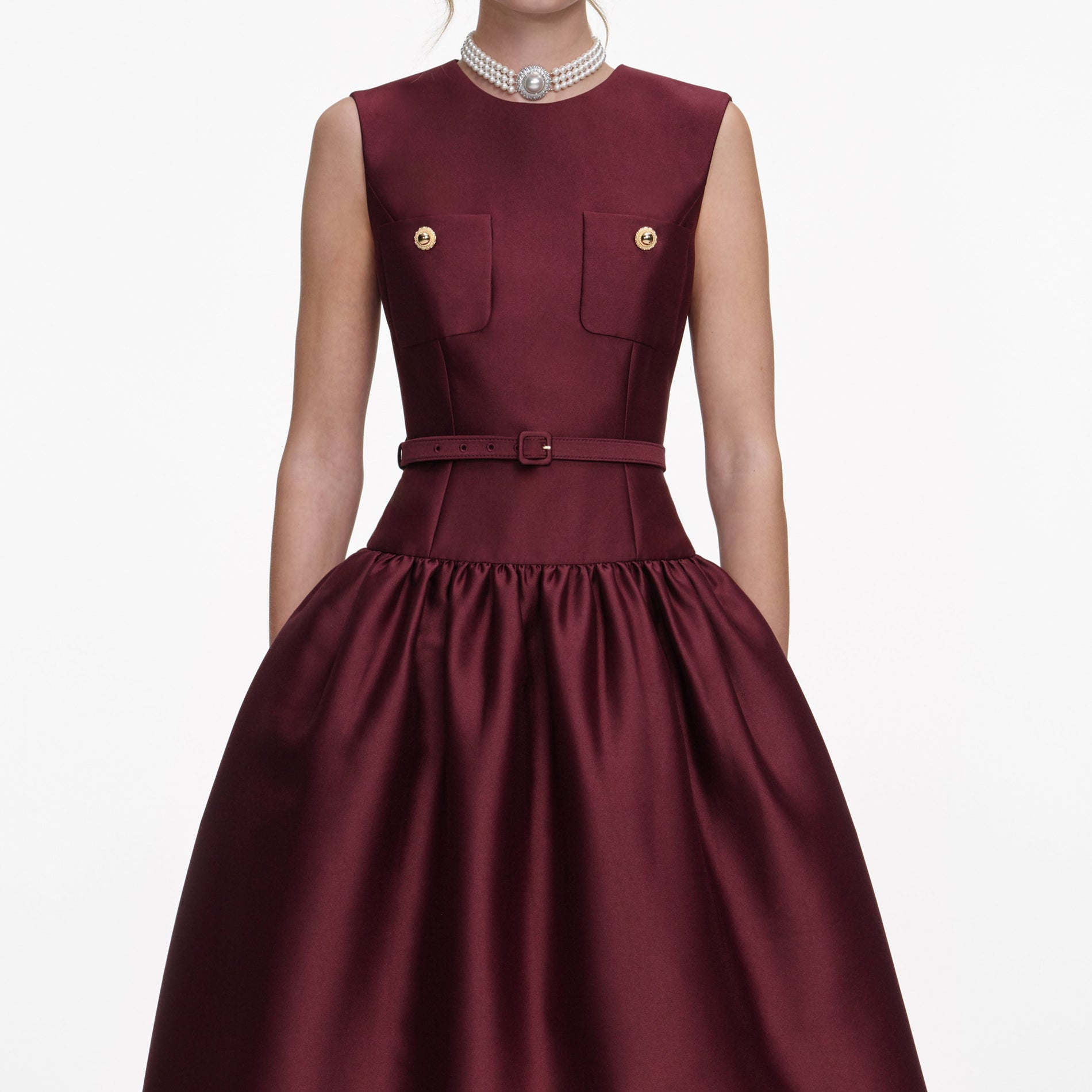 A close up of a woman wearing the Burgundy Taffeta Midi Dress