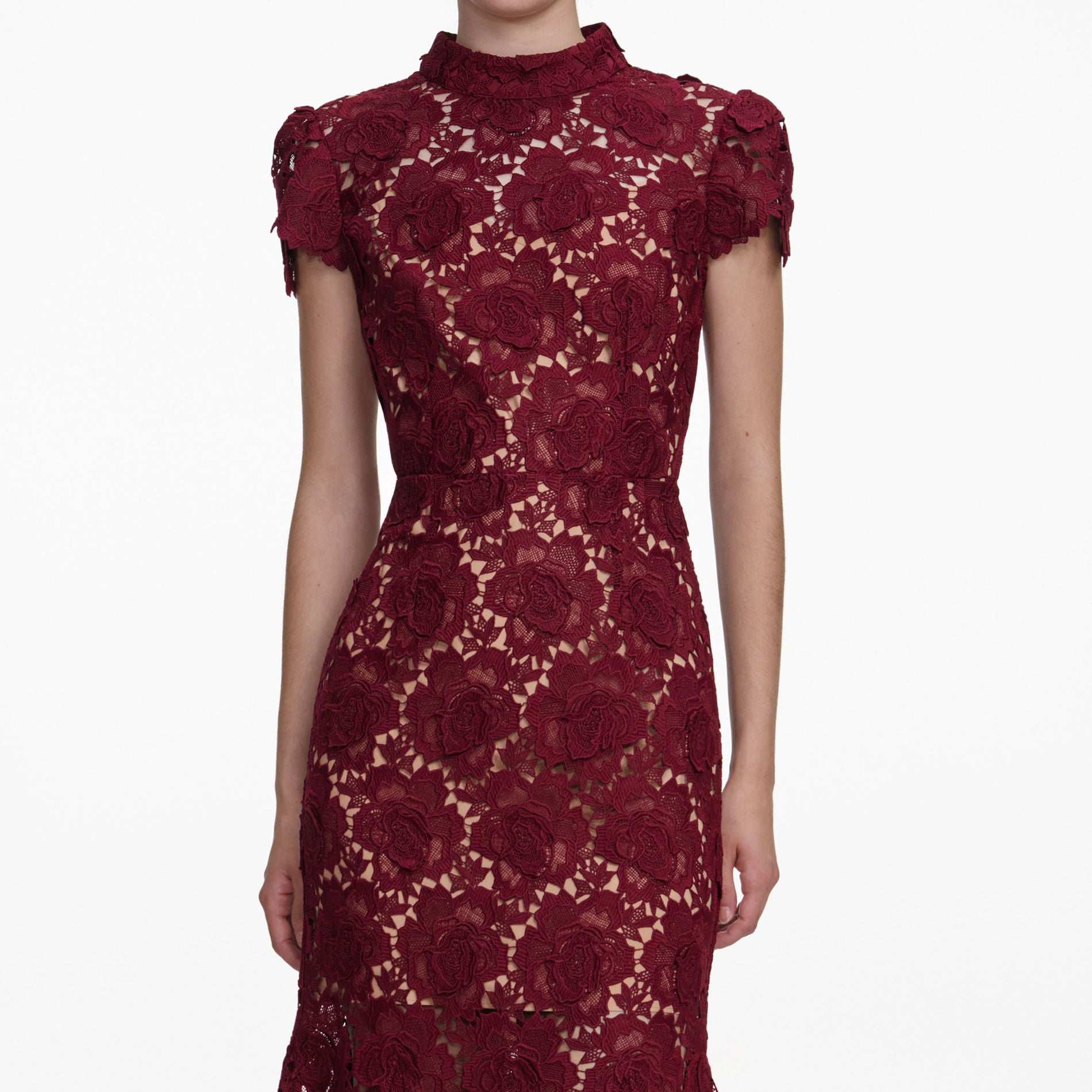 A close up of a woman wearing the Burgundy Flower Lace Midi Dress