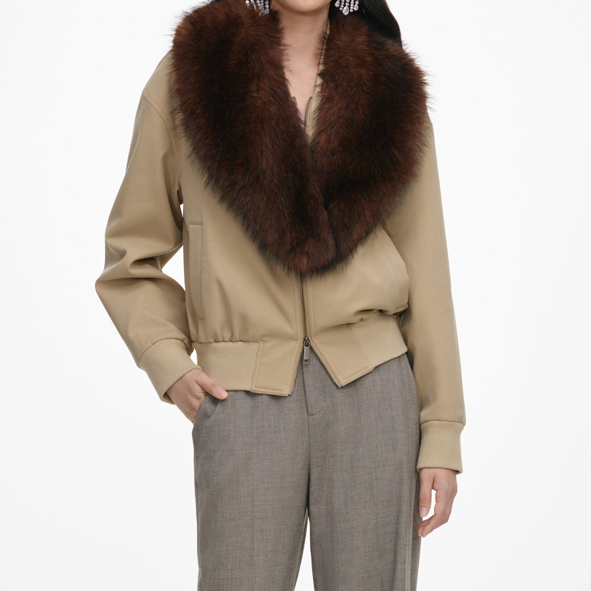 Beige Faux Fur Bomber Jacket