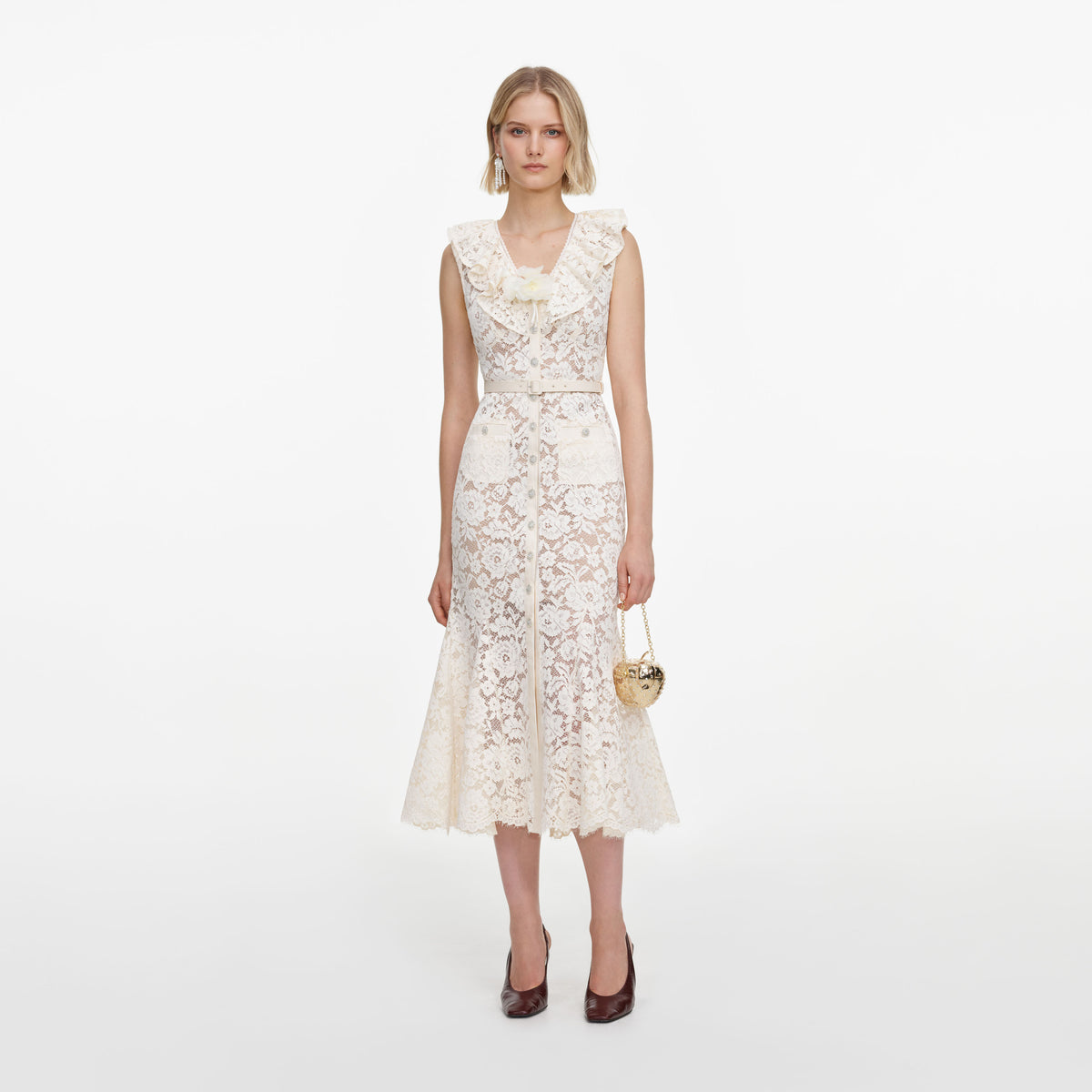 Cream Lace Flower Midi Dress