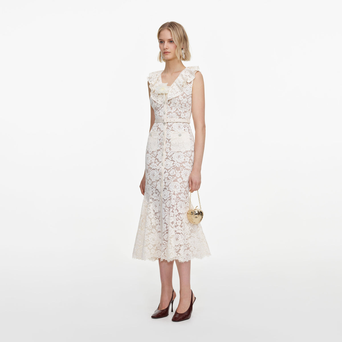 Cream Lace Flower Midi Dress